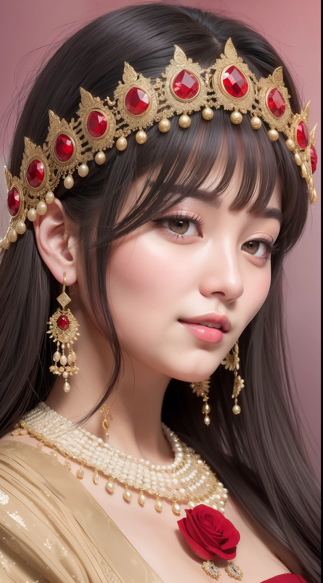 The ancient beauty's face is dignified and noble, wearing atmospheric pleated sleeves, and she looks even more outstanding, which makes people can't help but be impressed by her.
, Asian face, smile, delicate necklace. Handsome facial features, red lips red like roses.