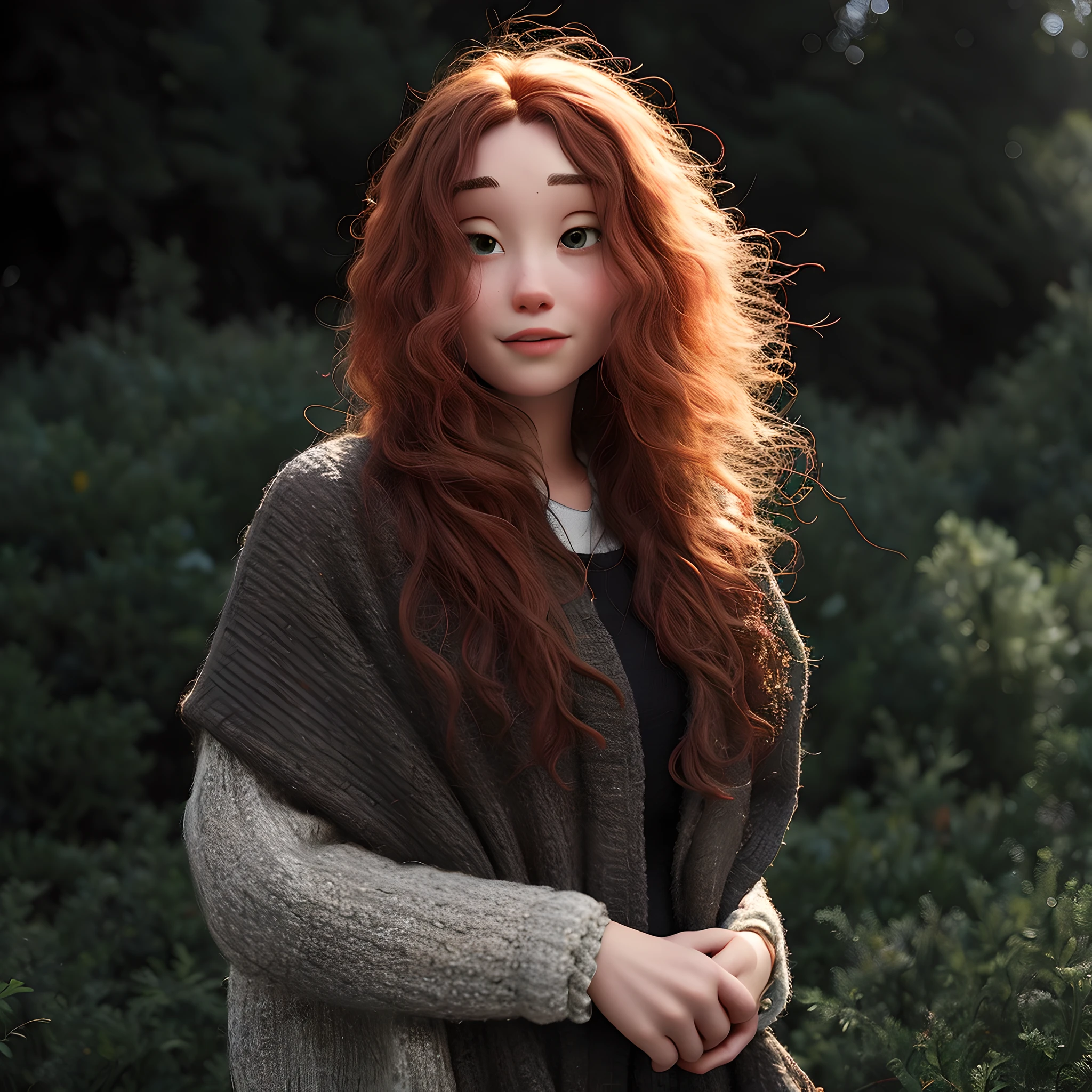 Masterpiece, best quality, woman with gray sweater standing near green plants, Disney style, angelic emotion