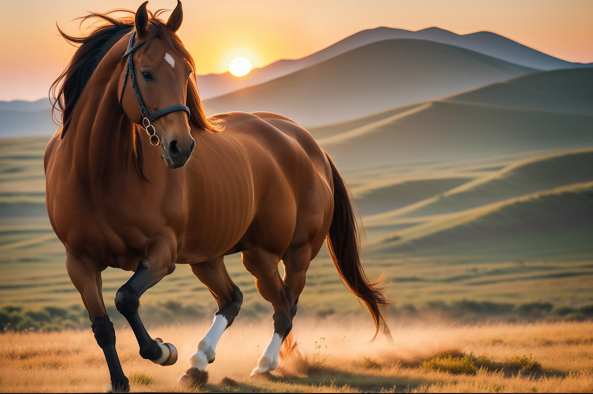 A brown-red horse galloped across the steppe in the setting sun, full limbs, long mane,