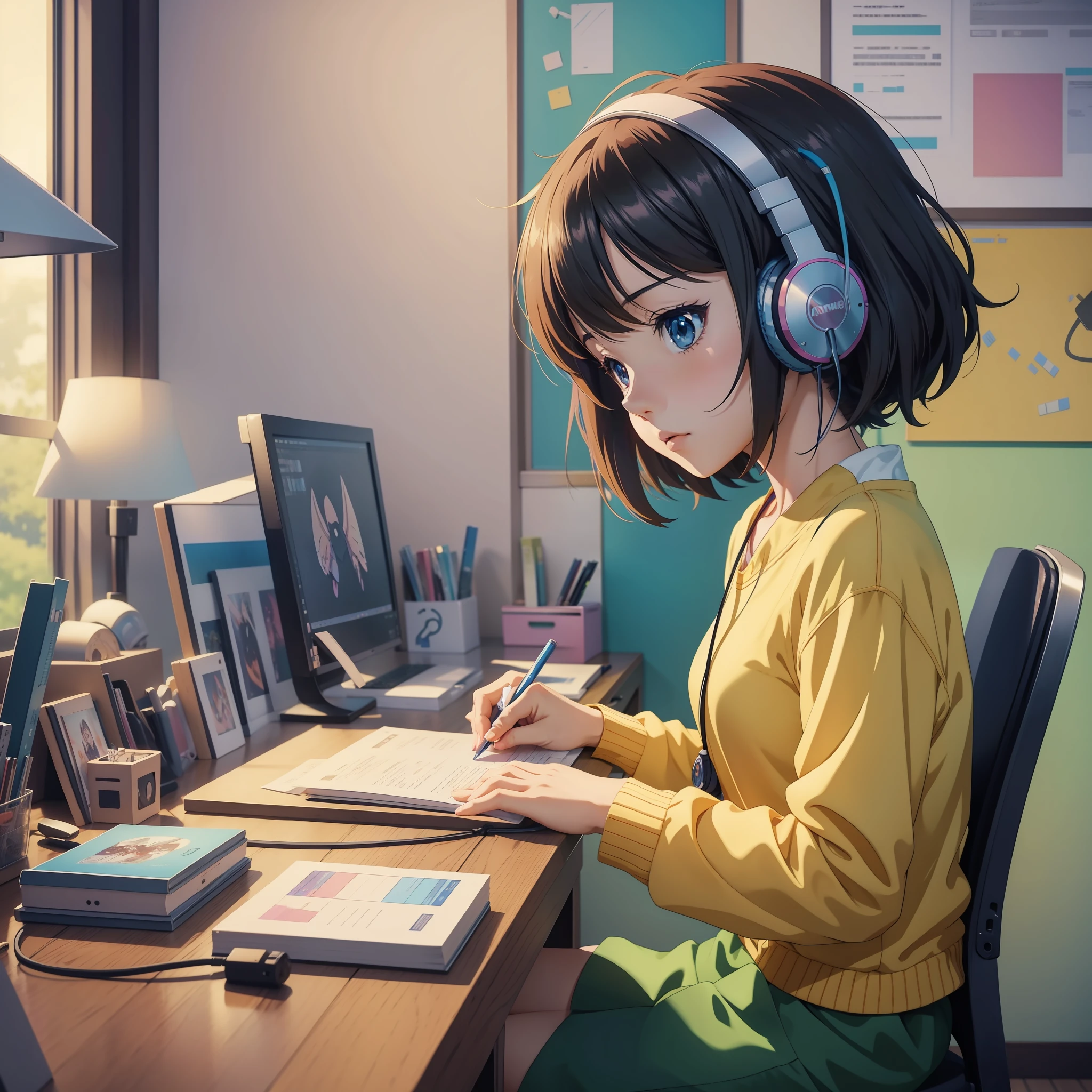 anime girl sitting at a desk with headphones on writing, anime style 4 k, digital anime illustration, digital anime art, anime style. 8k, anime moe artstyle, anime art wallpaper 4 k, anime art wallpaper 4k, anime style illustration, smooth anime cg art, detailed digital anime art, anime art wallpaper 8 k, realistic anime 3 d style