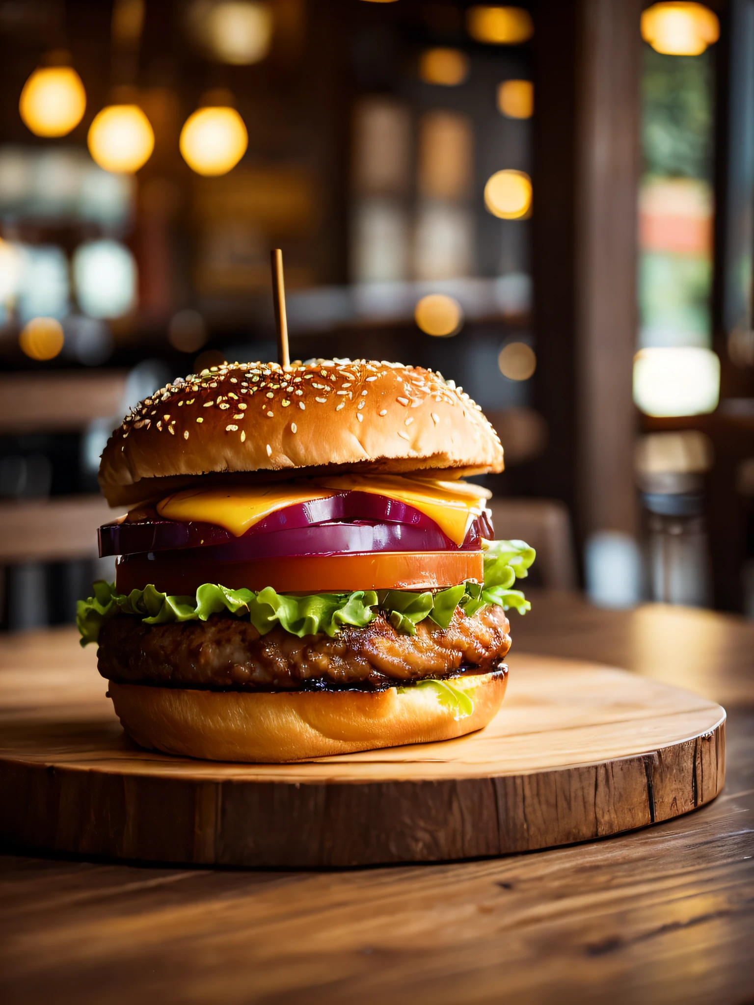 Macro photo of a delicious burger on a wooden table in a rustic and sophisticated restaurant, food photography, advertising photography, sharp macro quality, warm colors, soft light, extremely detailed, beautiful, establishing shooting, artistic, hyper-realistic, octane rendering, cinematic lighting, dramatic lighting, masterpiece, blatant light, extremely detailed