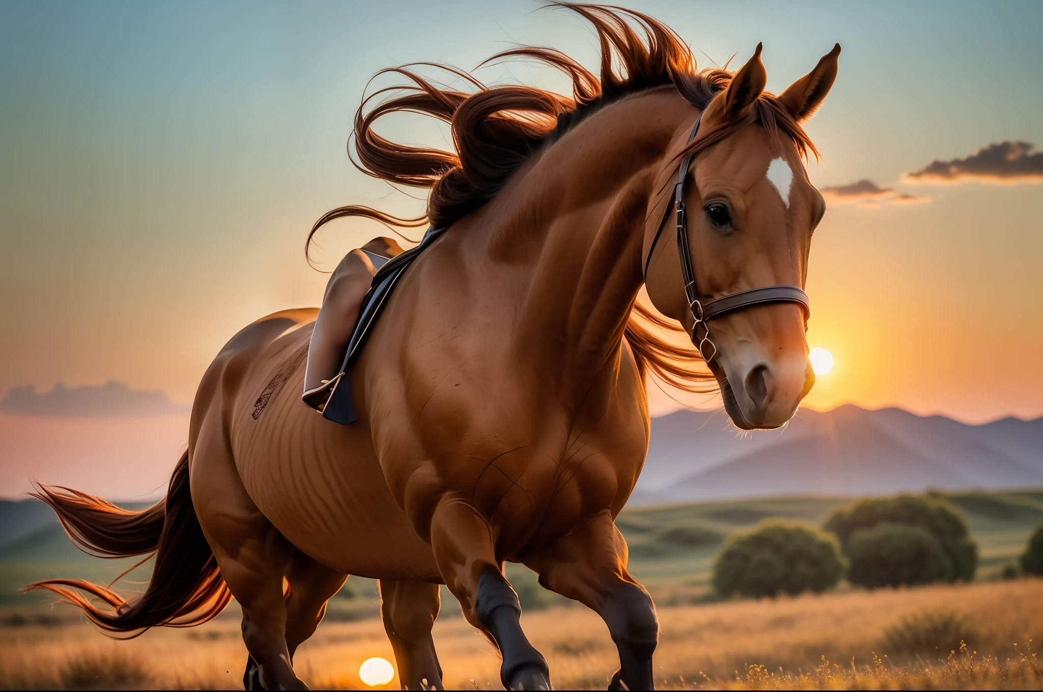 A brown-red horse galloped across the steppe in the setting sun, full limbs, long mane,