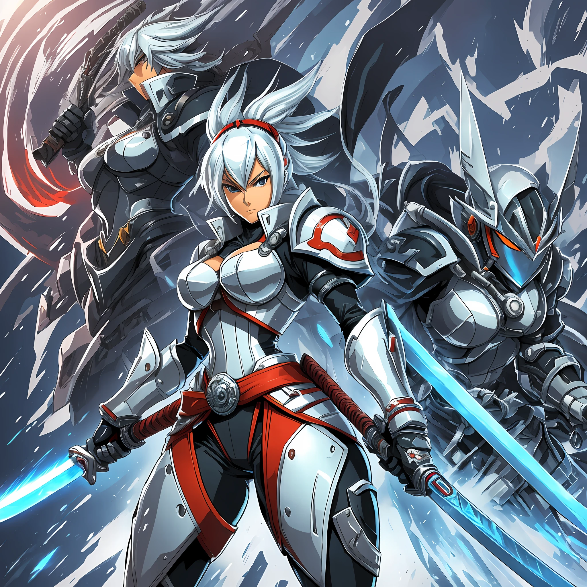 a cartoon image of a woman riding a motorcycle with a sword, katana zero video game character, this character has cryokinesis, samurai jetstream sam, gurren lagan, ferra white mecha, guilty gear art style, varguyart style, katana zero, mecha anthropomorphic penguin, style of duelyst --auto --s2