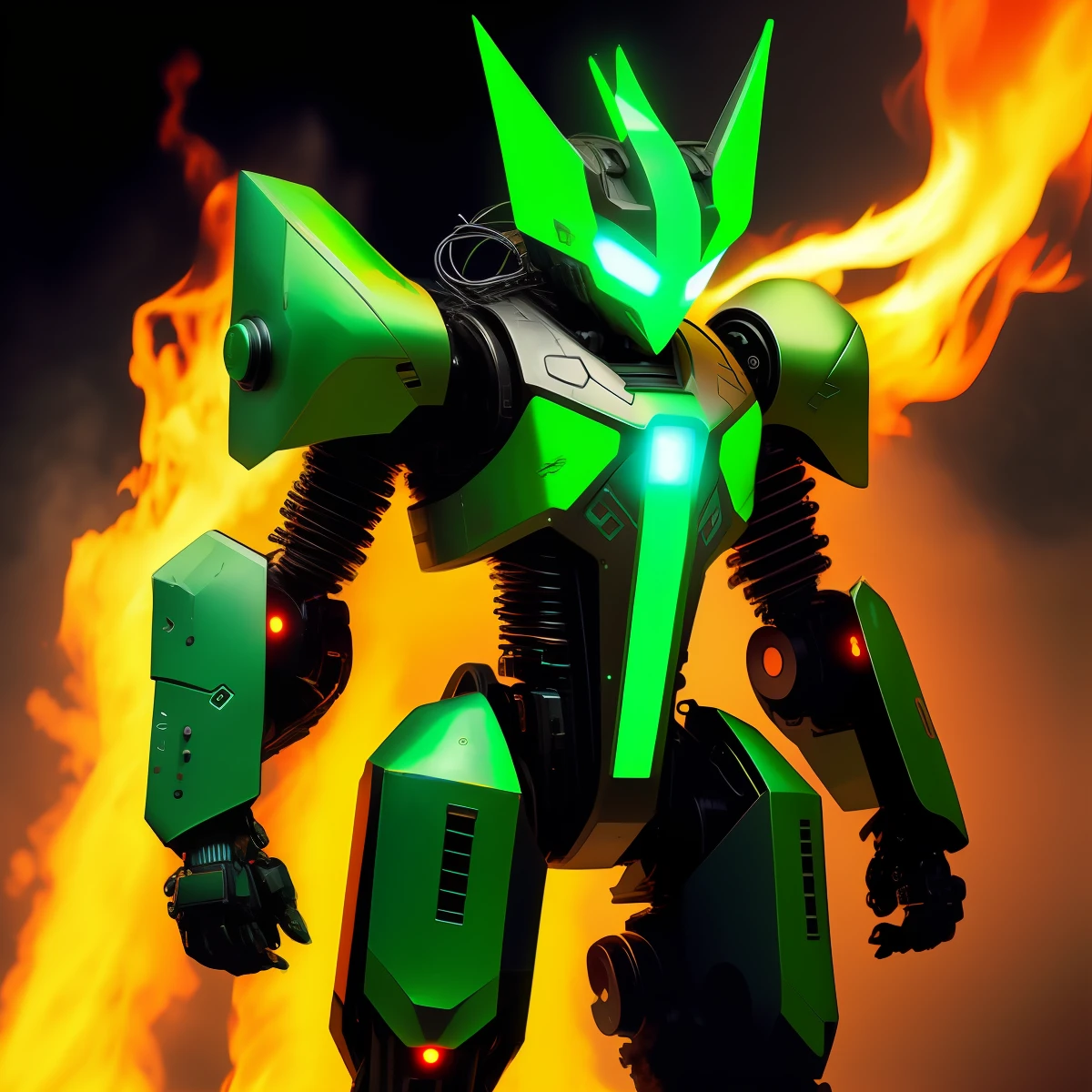 A cyberpunk half-humanoid robot with green fire powers