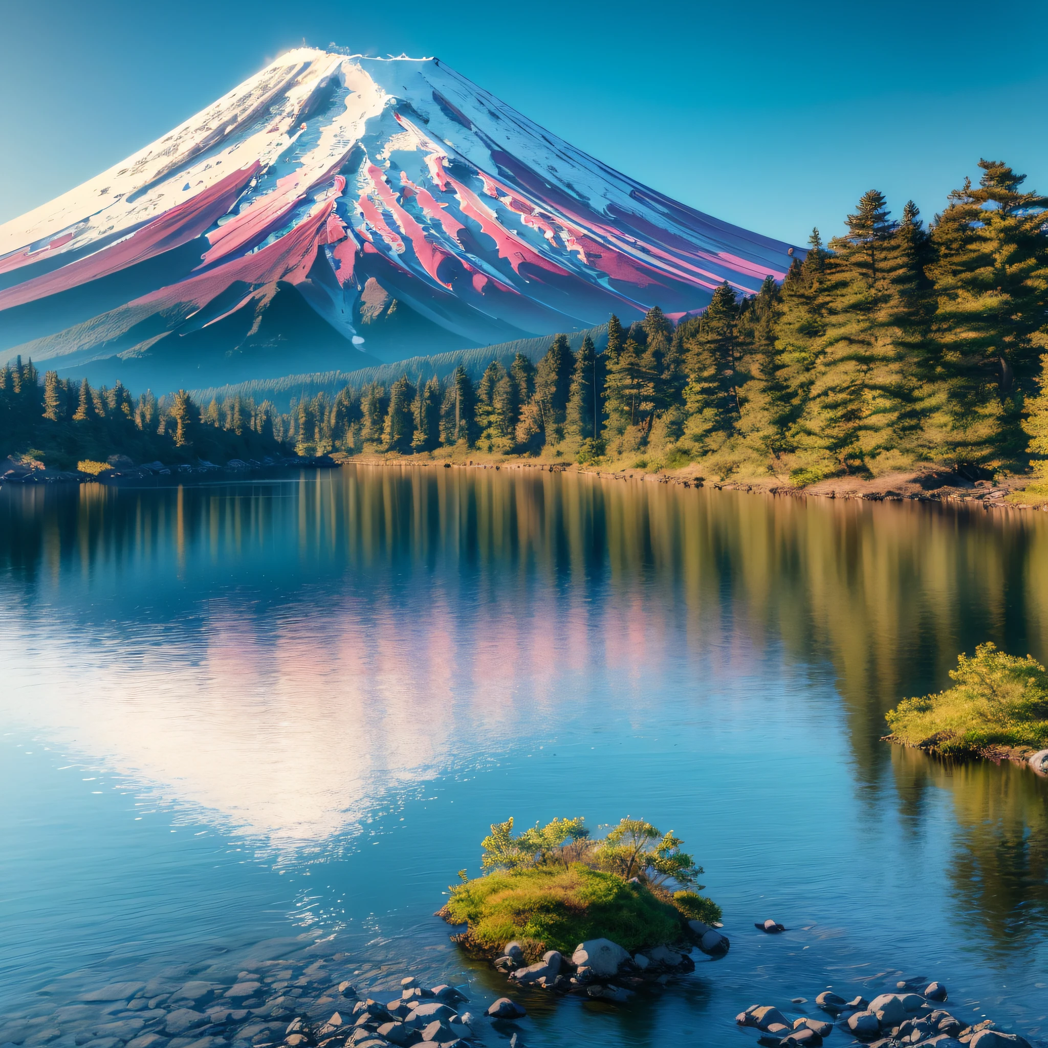 A photo-realistic painting of a tranquil mountain landscape, with Mount Fuji and a forest and a lake., ray tracing, cinematic lighting, Futurism, modern, Realism, super detail, best quality, highres, 8k, 16k, best quality