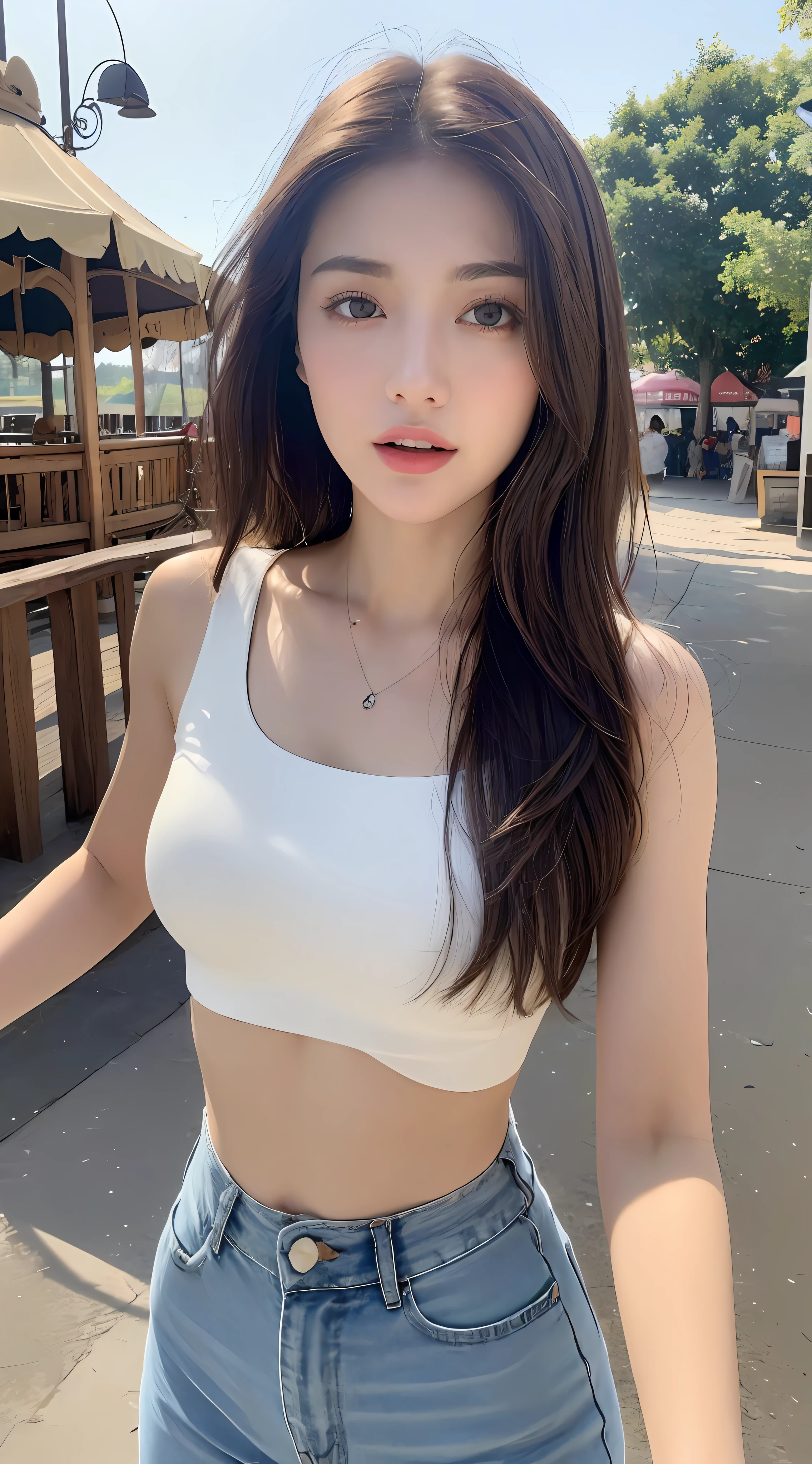 ((Realistic lighting, Best quality, 8K, Masterpiece: 1.3)), Clear focus: 1.2, 1girl, Perfect Figure: 1.4, Slim Abs: 1.1, ((Dark brown hair)), (White crop top: 1.4), (Outdoor, Night: 1.1), Amusement park, Super fine face, Fine eyes, Double eyelids,