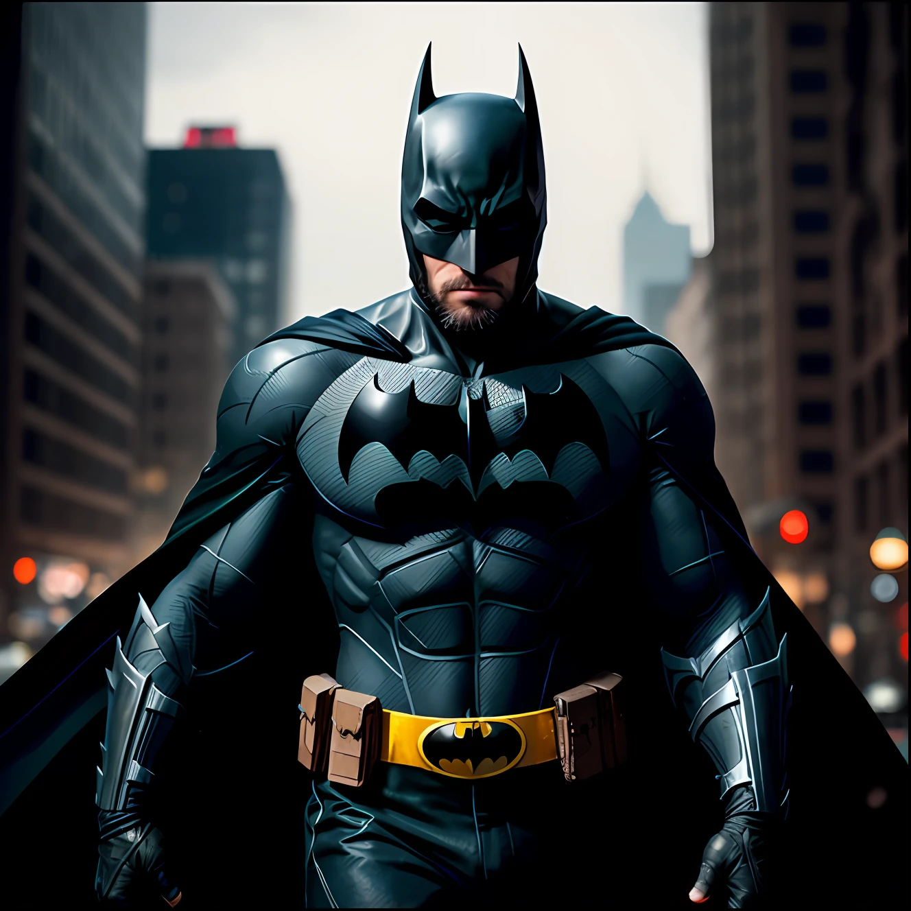 Man with defined body and beard, ((Batman wearing black uniform)), Gotham City background at night, rain, photorealistic, photo, masterpiece, realistic, realism, photorealism, high contrast, photorealistic digital art trend on Artstation 8k HD high definition realistic detailed, detailed, skin texture, hyper detailed, realistic skin texture, armor, best quality, ultra high resolution, (photorealistic: 1.4), high resolution, Detailed, Rough, Sharp Re, by Lee Jeffries Nikon D850 Stock Film Photography 4 Kodak Portra 400 Camera F1.6 Lens Rich Colors Hyper Realistic Texture Realistic Dramatic Lighting UnrealEngine Trend in Artstation Cinestill 800,