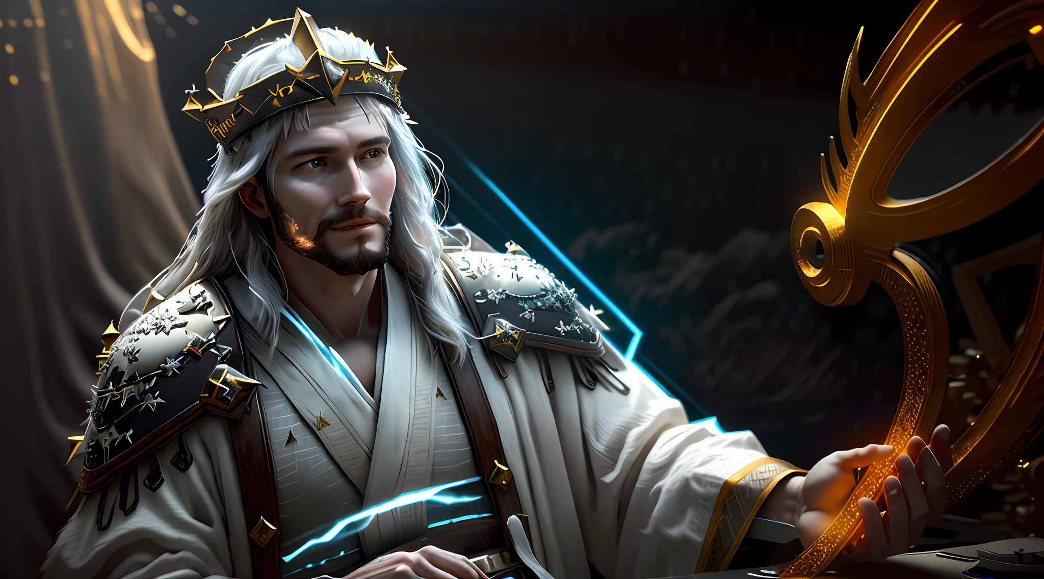 Glorified Western Jesus Christ smiling wearing a long powerful ancient Chinese white robe that swings with the wind, (high quality:0.6), sitting on a golden tree in the Celestial Kingdom, rendered, Focus film, Depth of Field, HDR, (photorealistic:2.0), (extremely detailed:2.0), CGI, intricate, (high detail:0.7), (dramatic:0.6), wearing a crown with the symbol of Irsael, midjourney art, (volumetric lighting:0.7), celestial, shanders, (minimal details:0.6), realism, (shanders:0.5), 8k, 16k, cinematic, (highly detailed:0.9), (octane render:0.5), (unreal engine:1.5), (Hyperrealistic:2.4), (Dynamic:0.7), (realistic texture:0.7),