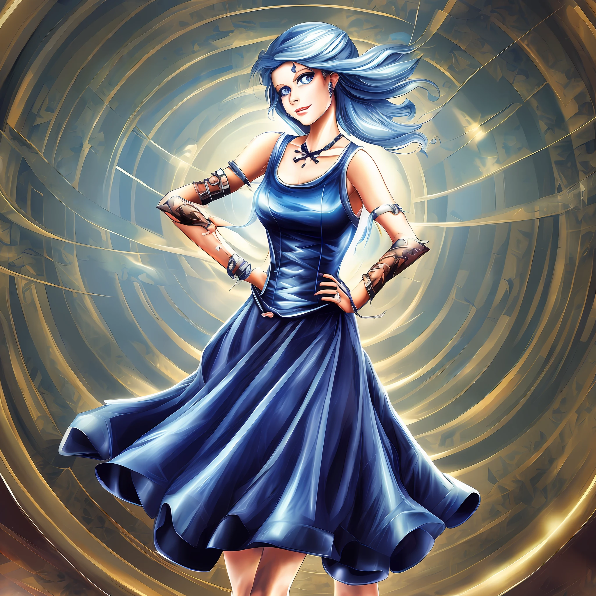 ((masterpiece)),(best quality),(detailed),(1girl), blue hair, bright blue eyes, Updo, black skirt, looking at the viewer