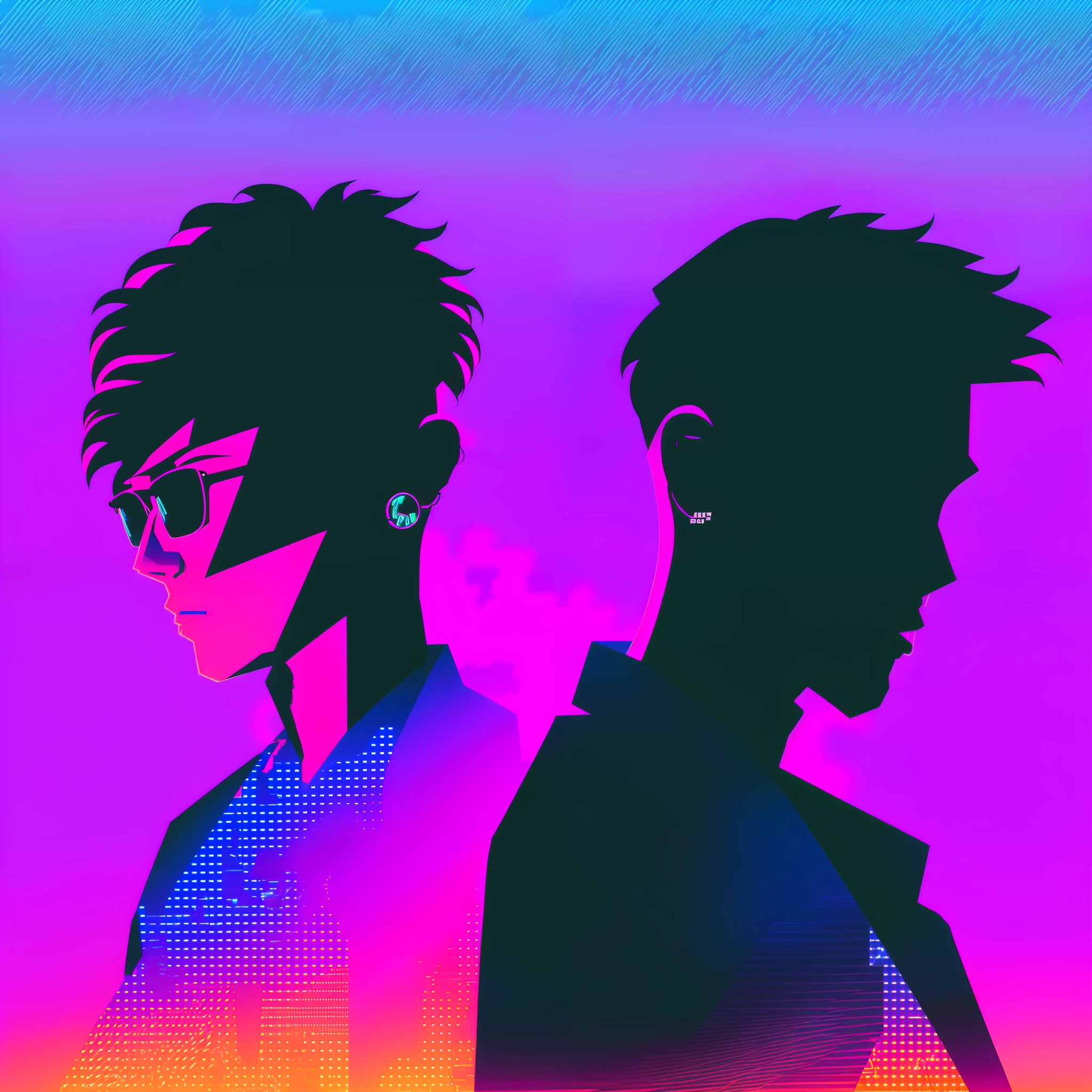 ((vaporwave style)), illustrate a man and a woman, both with a void inside, a black void, futuristic reflections, shimmering and bright neon, a background full of bright geometric lines, an environment of technological isolation.