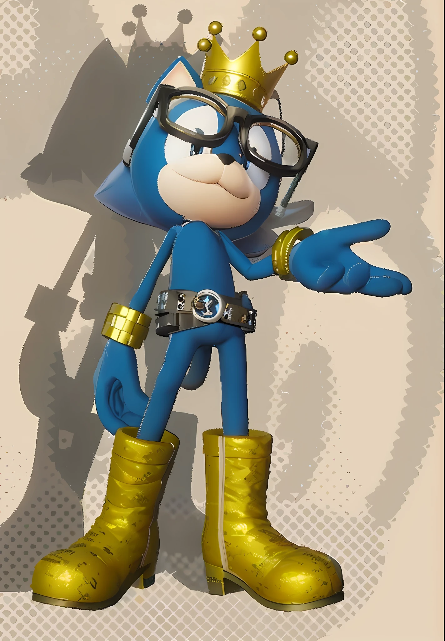 A Mobian cat in a gold crown and glasses, from Sonic, art in the style of Joshy Sly, iconic character of high detail, Sonic OC, with Splatoon style, video game character, Sonic, video game character, sly expression, an anthropomorphic blue cat, cunning, new character, well-marked white belly, chubby ????.