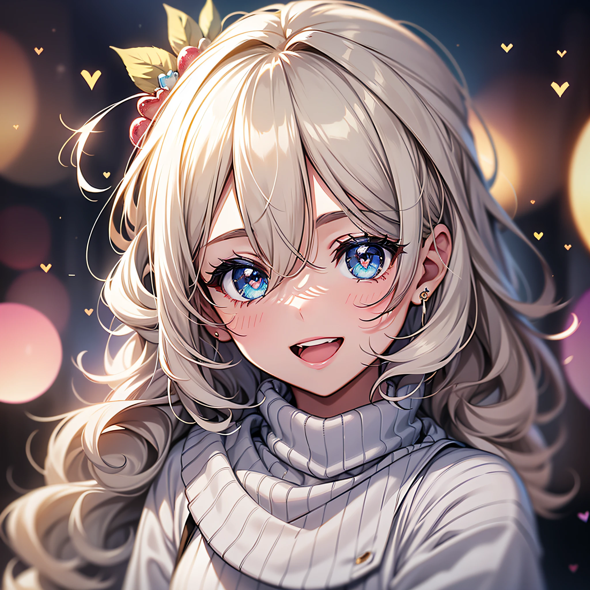 A GIRL, Wear a comfortable sweater, upperl body, (Smile: 1.1), (Open mouth: 1.1), (Open your eyes: 1.2), Intense light, Background bokeh, Depth-Of-Field, Blur the background, Light Particles, gale, (Heart particles: 1.1), Comparing, White clothes, youth