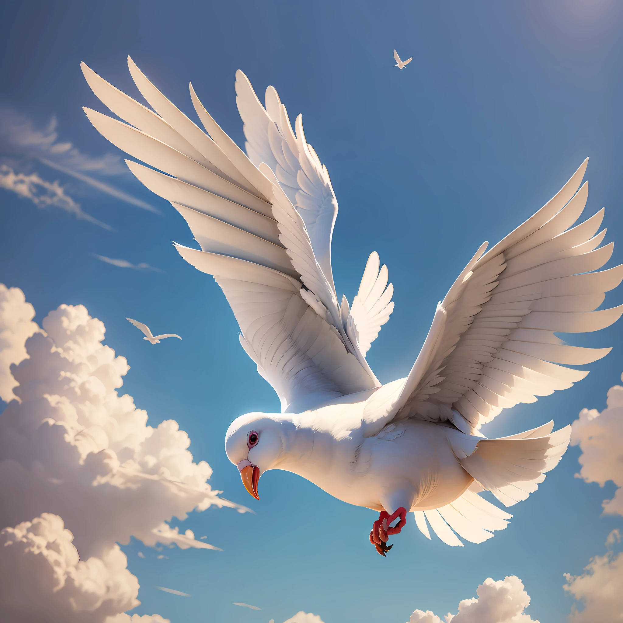 A white dove flying in the blue sky, the sun in the background. --auto --s2