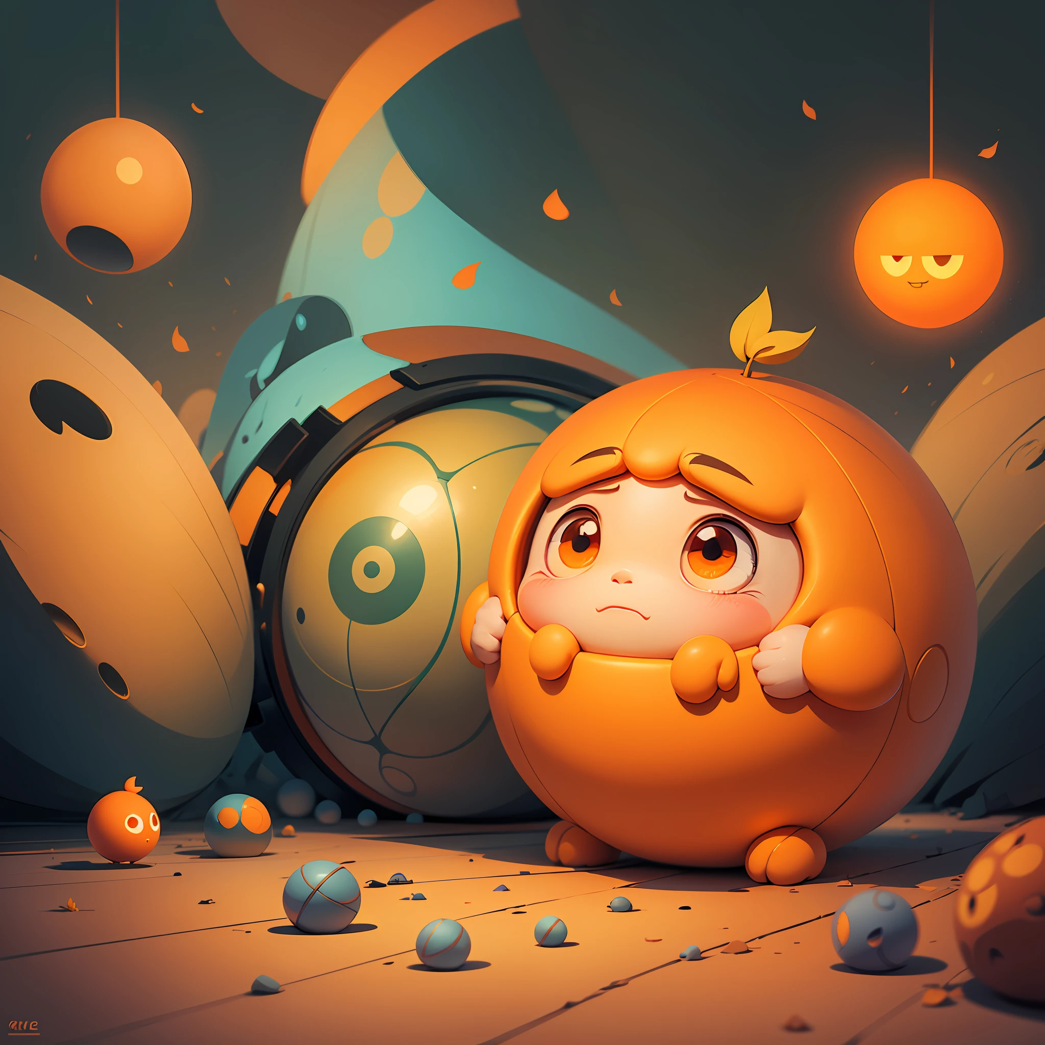 Cartoon illustration of a sad orange ball, Cyril rolling and Goro Fujita, mobile game art, adorable digital painting, sad light, winner of art contest at behance, Jen Bartel, gloomcore illustration, official art, bright and sad atmosphere, in the style of Cyril Rolando --auto --s2