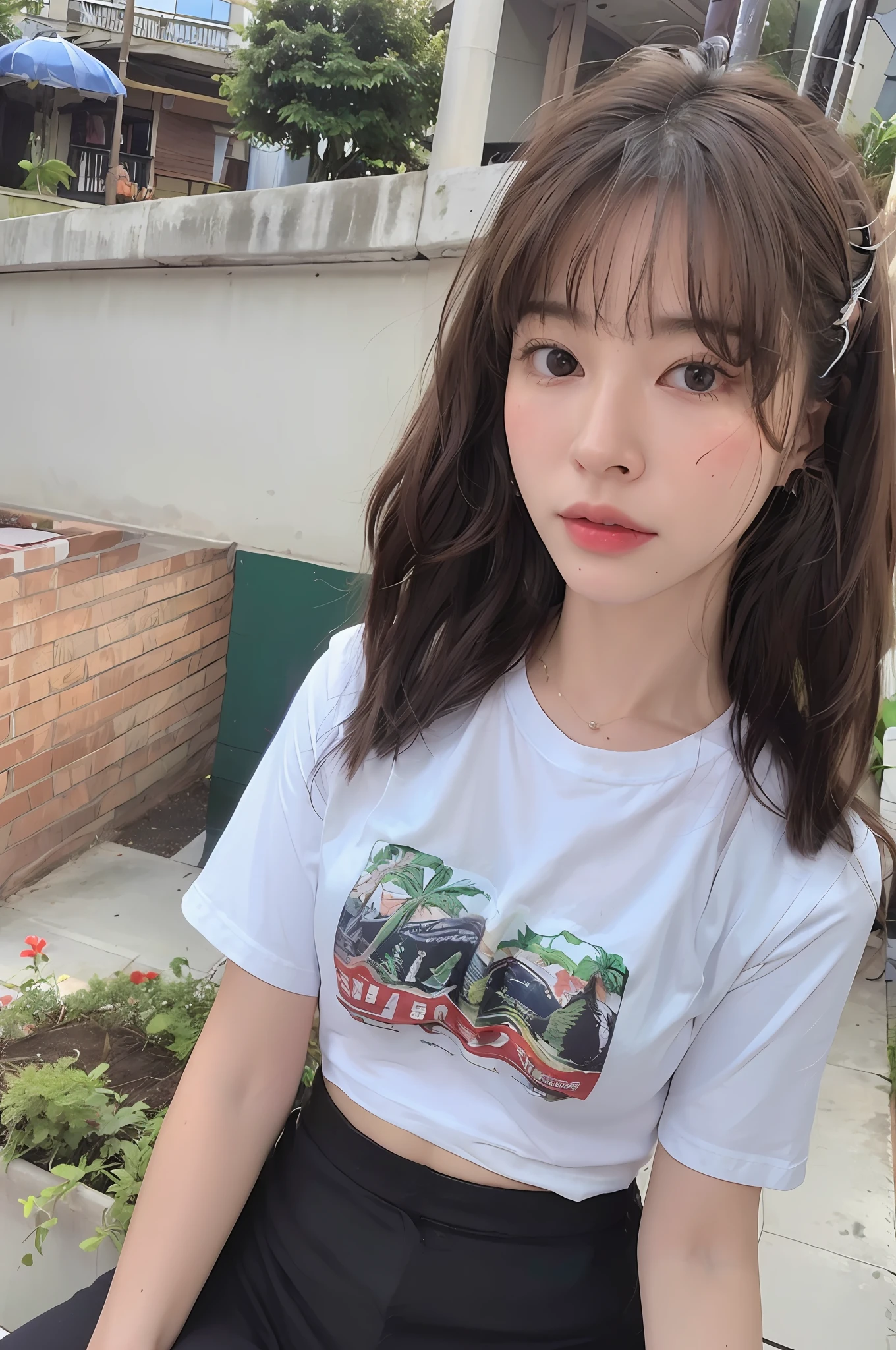(8k, RAW Photo, Best Quality, Masterpiece:1.2), Ultra Detail, Super Resolution, (Realistic, Realistic Photo:1.37), Portrait, High Detail RAW Color Photo, Professional Photo, Extremely Detailed and Beautiful, Extremely detailed, 8k wallpaper, amazing and detailed, huge file size, official art, highly detailed CG unity 8k wallpaper, highly detailed beautiful girl, highly detailed face, highly detailed eyes, highly detailed skin, highly detailed fingers, highly detailed nose, very detailed detailed mouth , perfect anatomy, highly detailed background, highly detailed clothing, 1girl, (18:1.2), , cute girl, famous japanese idol, kawaii, realistic body, petite, fair skin, glowing skin , slim body , handsome body, black hair, long straight hair, (blunt bangs:1.2), smile, cute, youthful, cute face, realistic face, delicate eyes, drooping eyes, white t-shirt, skirt, earring, looking at viewer, cowboy shot, front Facing, Standing, Contraposto, High Street, Public, Crowd, Dynamic Lighting, Very Large Breasts,