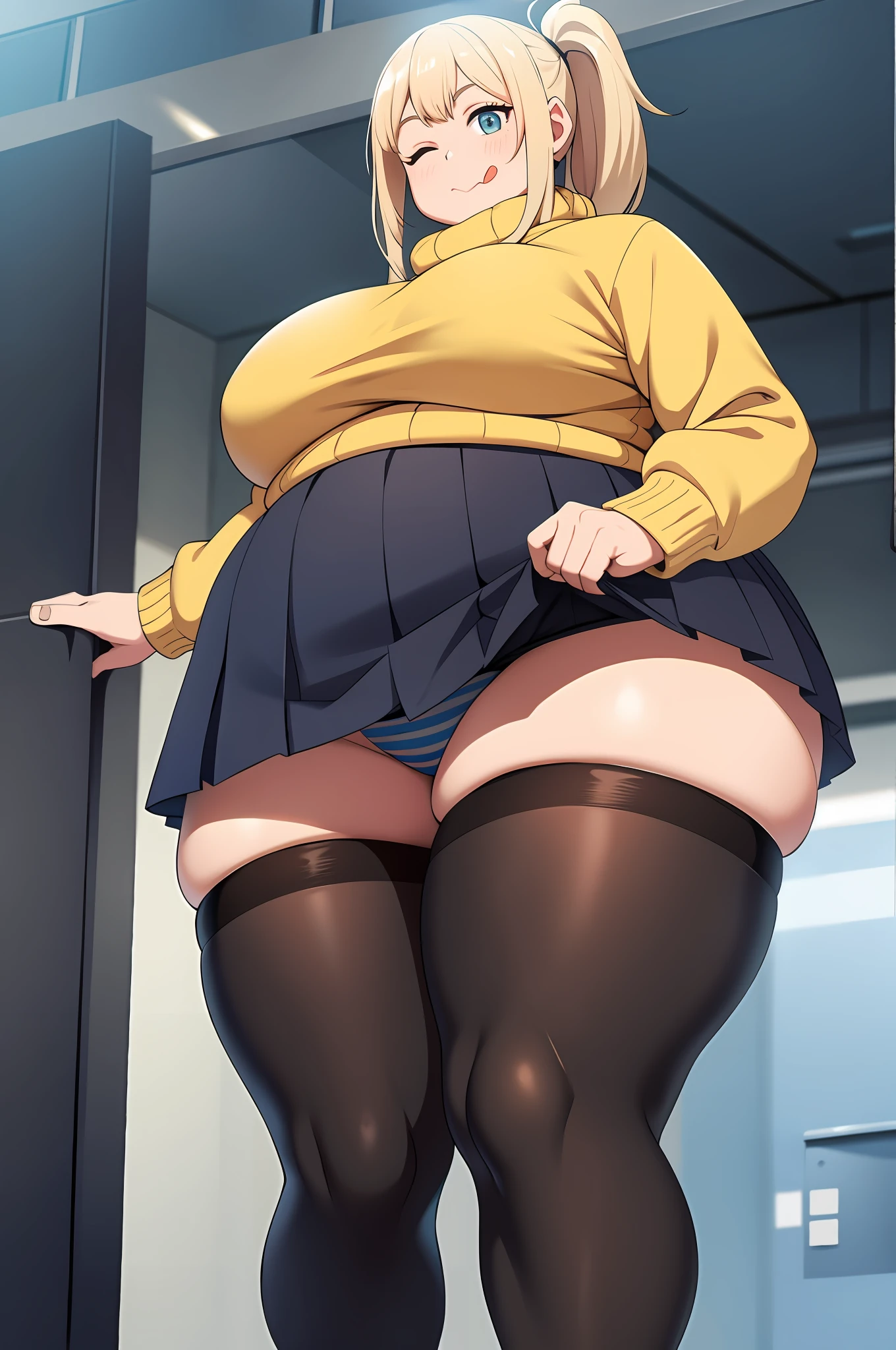 1girl, milf, looking down at viewer, low angle, fat thighs, thick thighs, wide hips, big belly, cruel smile, fluffy sweater, very short pleated skirt, tights, big striped panties, bully, mean, mocking look, sticking tongue out, one eye closed, bottom heavy, pear shaped, skindentation, chubby, tall, plump, ponytail