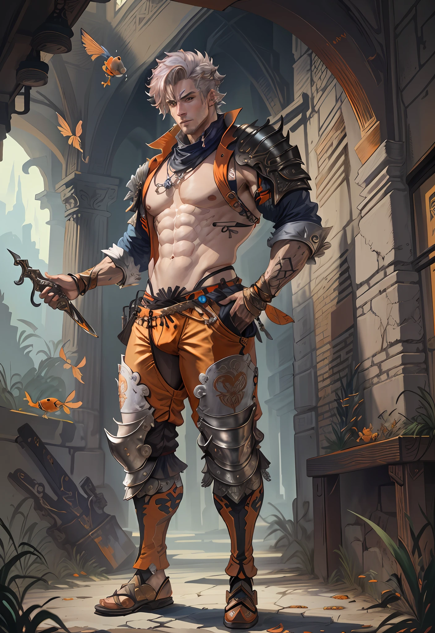 masterpiece,best quality,painting of a man,((highlander, intricate outfit, thong, Goldfish Orange theme)),lonely look,well-built ripped man,big hair,Platinum hair,short back and sides,Bright Blue eyes,tall,temperate desert,intricate background,dynamic pose,action scene