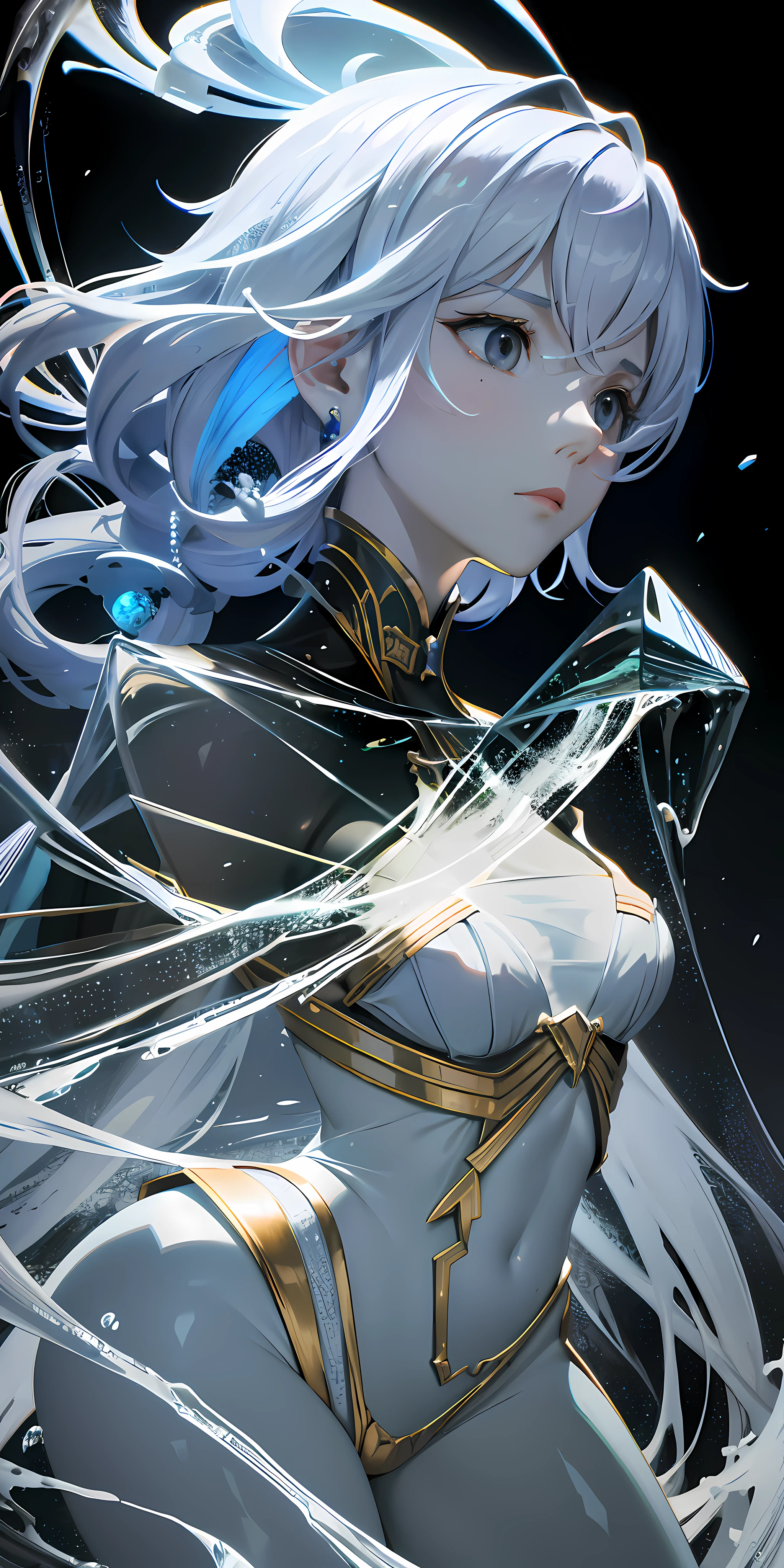 ancient knowledge, pronounced feminine organic glass morphism structure, plastic, going through time and space, [in:(perfect body mage girl in:1.5):0.3] ether flow in a shattered titanic structure, frosted glass behance design, subsurface scattering of diffused light, jewelry macro shot, fluid marbling, gentle silk fabrics draping, (stratal incisions:1.1), dynamic, diagonal, tilted, complex composition, bright vivid color accent, slate gray atmosphere, hdr, dramatic light, cinematic