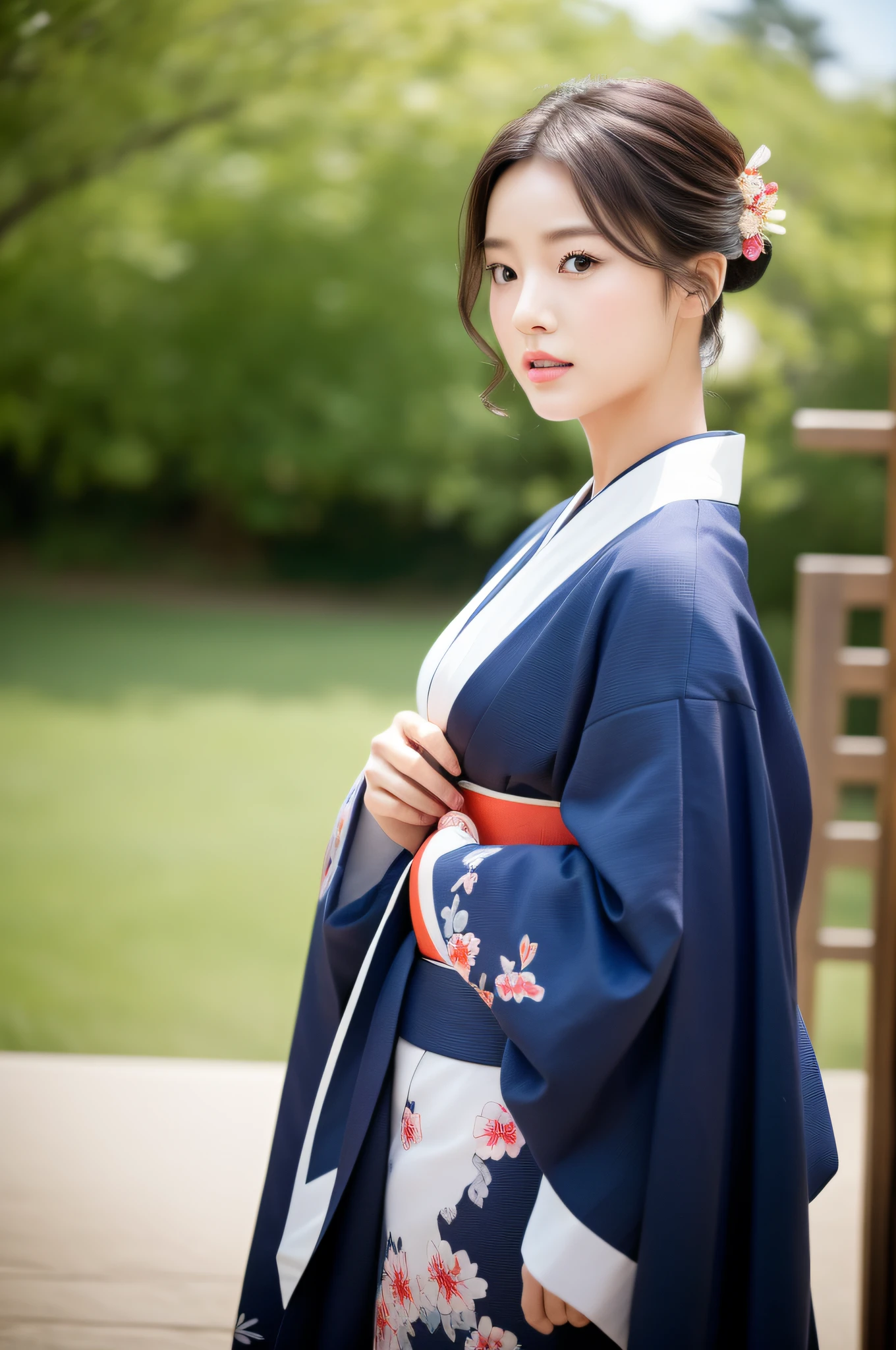 ((Top Quality, 8K, Masterpiece: 1.3)), Sharp Focus: 1.2, (Super Beautiful Face: 1.0), (Glossy Skin: 1.0), Realistic Photos, Black Hair, Realistic Pupils, Movie Lighting, Highly Detailed Eyes and Face, Movie Lighting, (Cowboy Shot: 1.0), (kimono, hakama, obi: 1.2), (Korean Cute Actress), in nature, traditional kimono, medium breasts, good posture