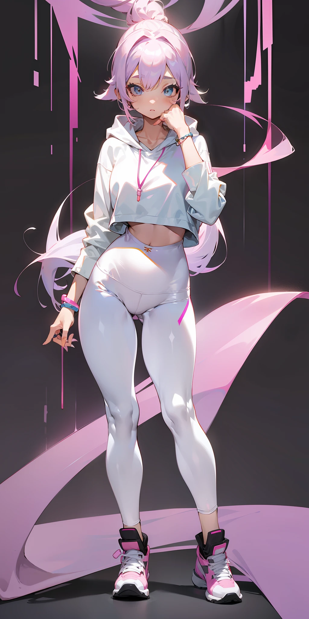 Long light pink hoodie, long sleeves, ((white tight yoga pants: 1.8)), ((white yoga pants: 1.8)), sneakers, necklace, ring, bracelet, lavender hair, beautiful hairstyle, black background, full body, standing, black background