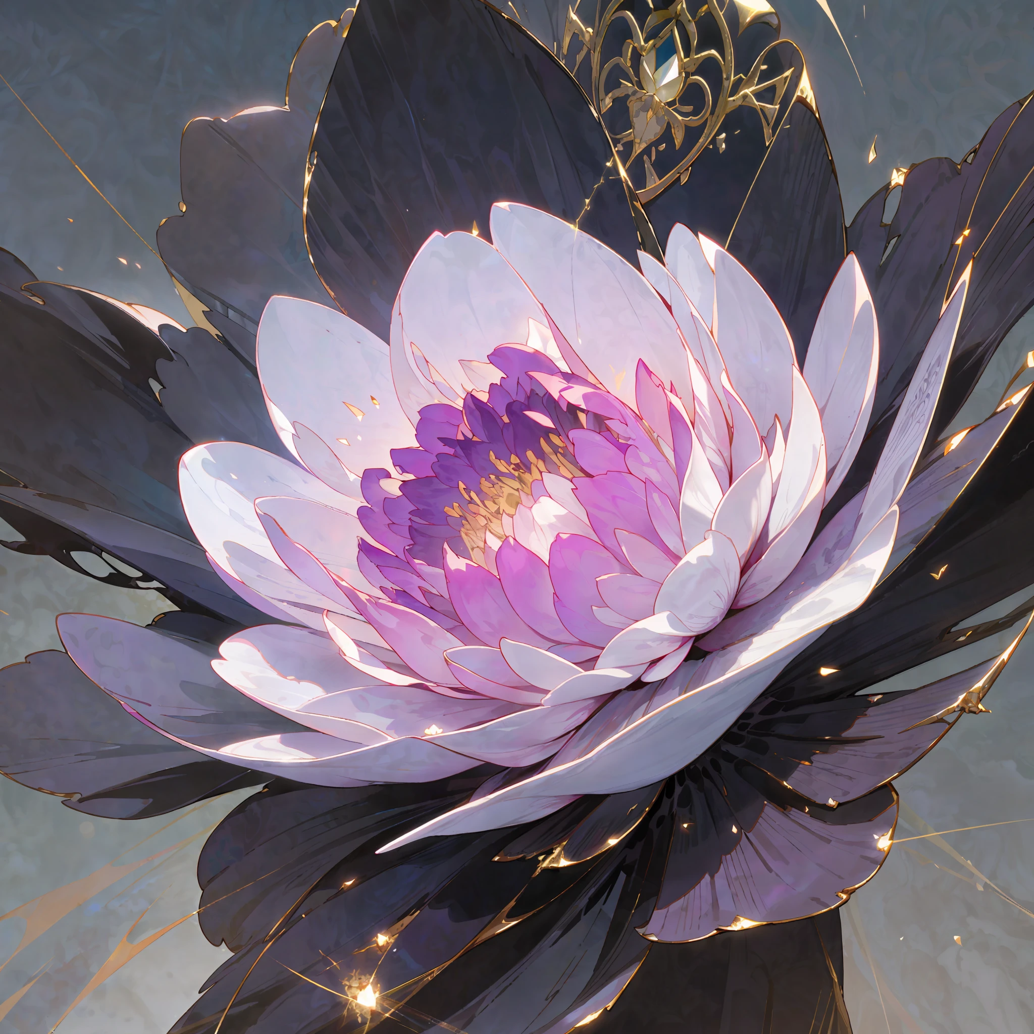 macro, a glorious void-infused black peony, frozen, frost coating, beads of condensation, crystal and sparks in the air, gilded, backdrop volumetric void-light, sublime, delicate, beautiful, intricate details, highly detailed, high-res, vivid color grading, composite lighting, dynamic composition, well drawn, crisp, sharp focus, glamour shot, realistic