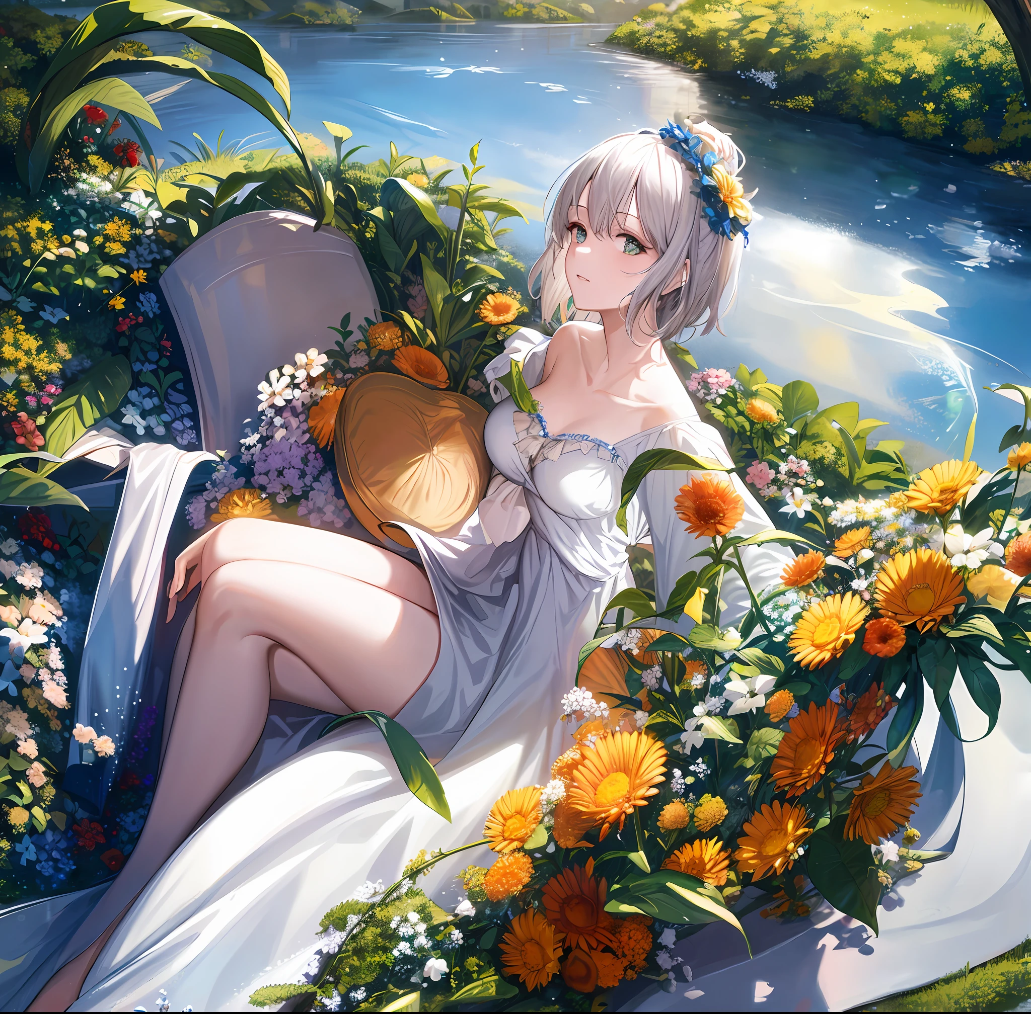 Top quality, (masterpiece: 1.2), very detailed, sun, light, 1 girl, solo, muse, look viewer, gray hair, circle of angels, short hair, green eyes, light in the eyes, hair flowers, blue bikini, ruffled bikini, realistic, from the knee up, wind, flowers, glowing skin, ultra-realistic, realistic, portrait, gentle eyes, bust up, sky, sky blue,