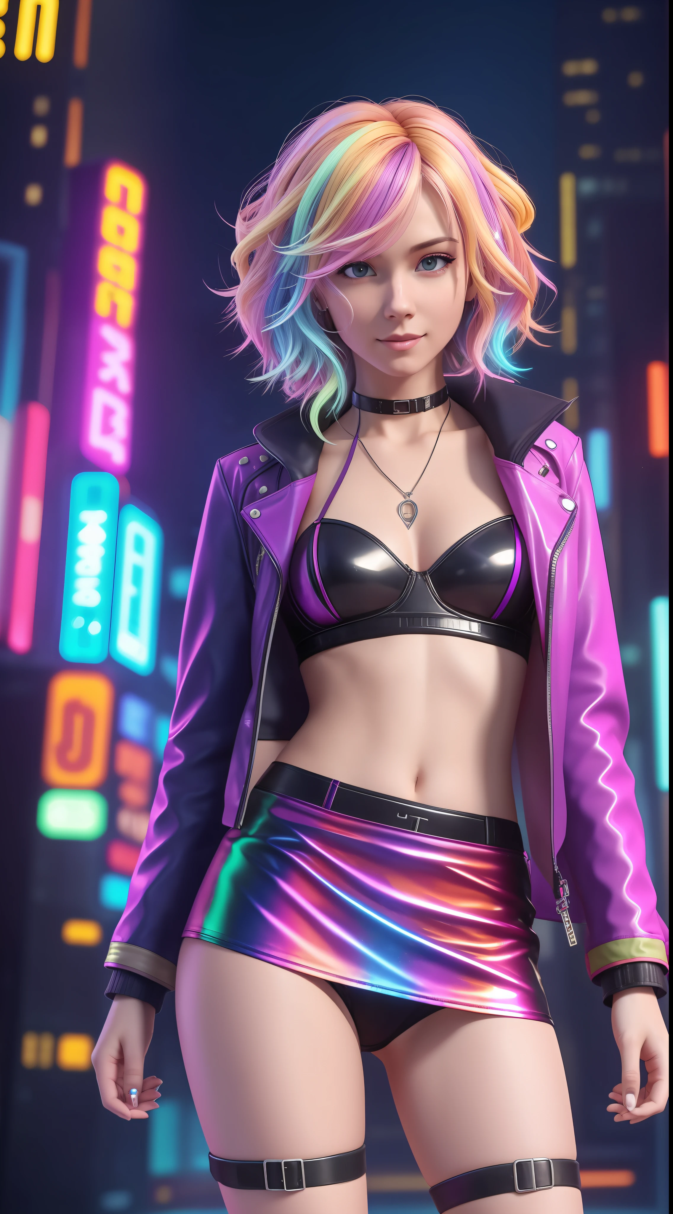 Skinny girl with short three-tone hair, movie screenshot, 1girl, solo, (closed smile:0.9), (multicolored curly hair, pupils of different colors), (atmospheric perspective, amazing background, cyberpunk, futuristic, neon lights, city: 0.8), (very short skirt), (short latex jacket with big neckline), (small chest almost shows), (showing panties), holster on the leg, Full body, (hot), (provocative)