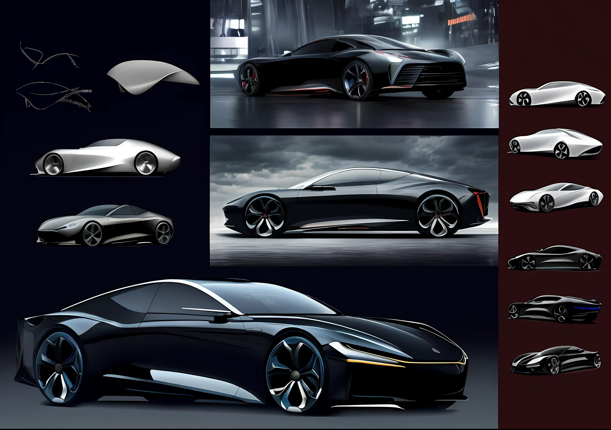 A bunch of different designs of car display, concept car design, realistic rendering, advanced typography