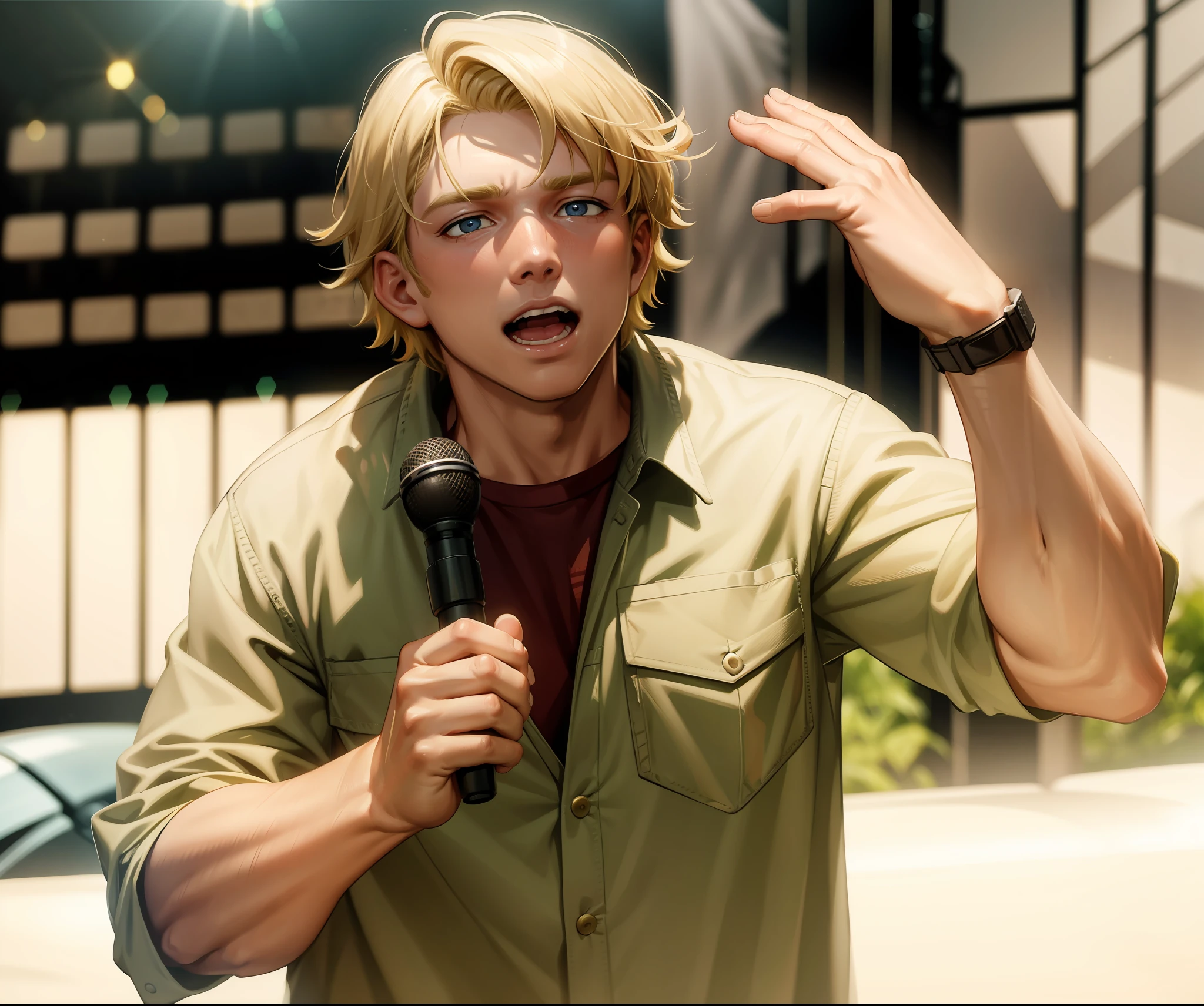 Steve irwin , australian, 1 boy, male focus, blonde hair, looking at viewer, perfect anatomy,perfect hands, tonemapping, midday summer, sunshine, specular highlights, holding, holding a microphone speaking to a crowd, detailed face, detailed eyes,