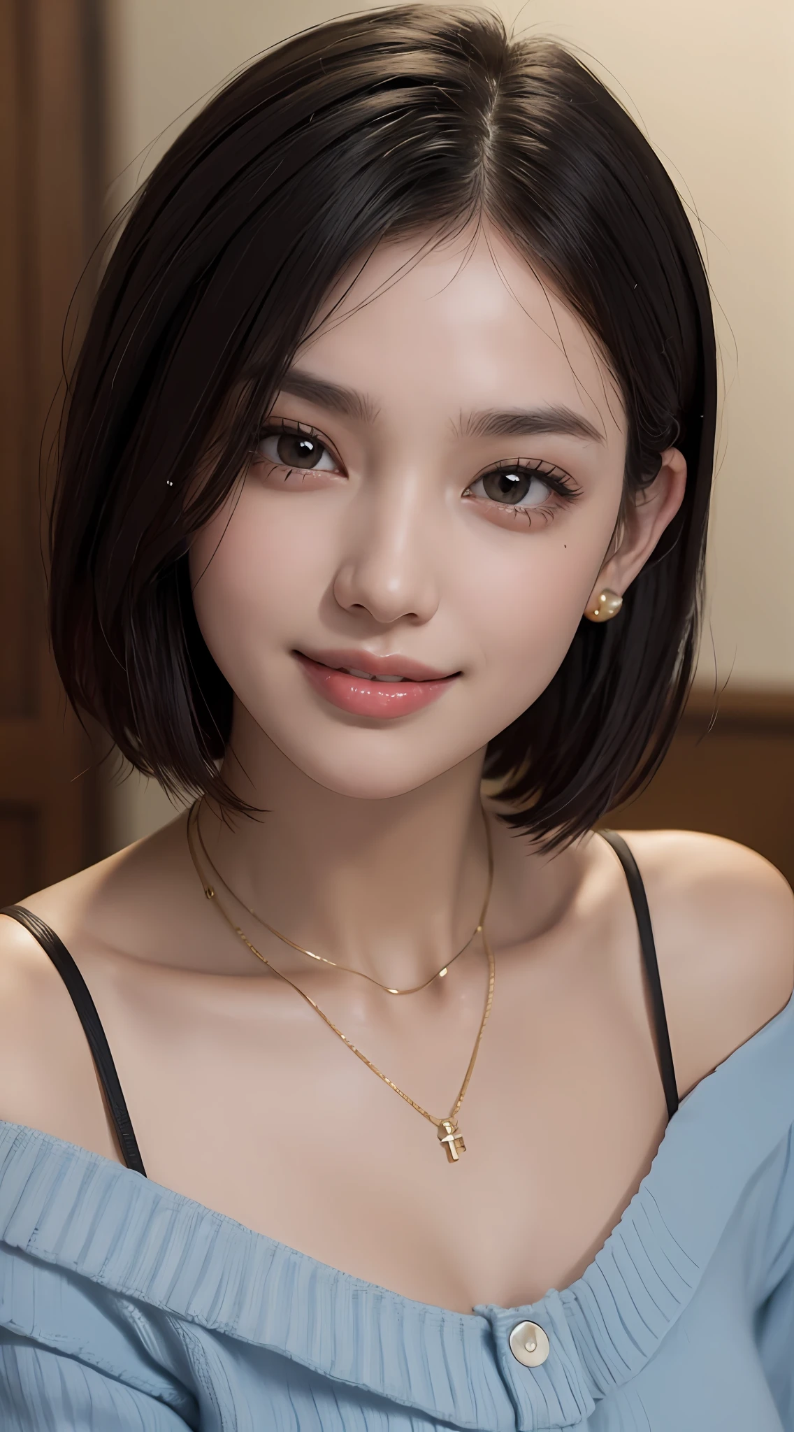 (top quality, 8k, masterpiece: 1.3), pretty woman with perfect figure: 1.4, dark brown hair, big, wearing pendants, torn shorts, sleeping in bedroom, very detailed face and skin, detailed eyes, double eyelids, top quality, masterpiece, (photorealistic: 1.4), one woman, golden ratio, high angle shot, upper eye care, low angle shot, perfect face, beautiful figure, cute face, face close-up, zoom in on face, short bob, short hair, smile from different angles, smile, gloss, highlight, gloss, glossy on skin, glossy on skin, wet skin, wet, bangs, cute smile, bust, off-shoulder, refreshing charm, elegant, perfect hands, smile from angle, smile, shiny, highlight, glossy skin, bangs, bust, big, Warm off-shoulder, refreshing charm, ears out, gaze to the camera, poses at different angles