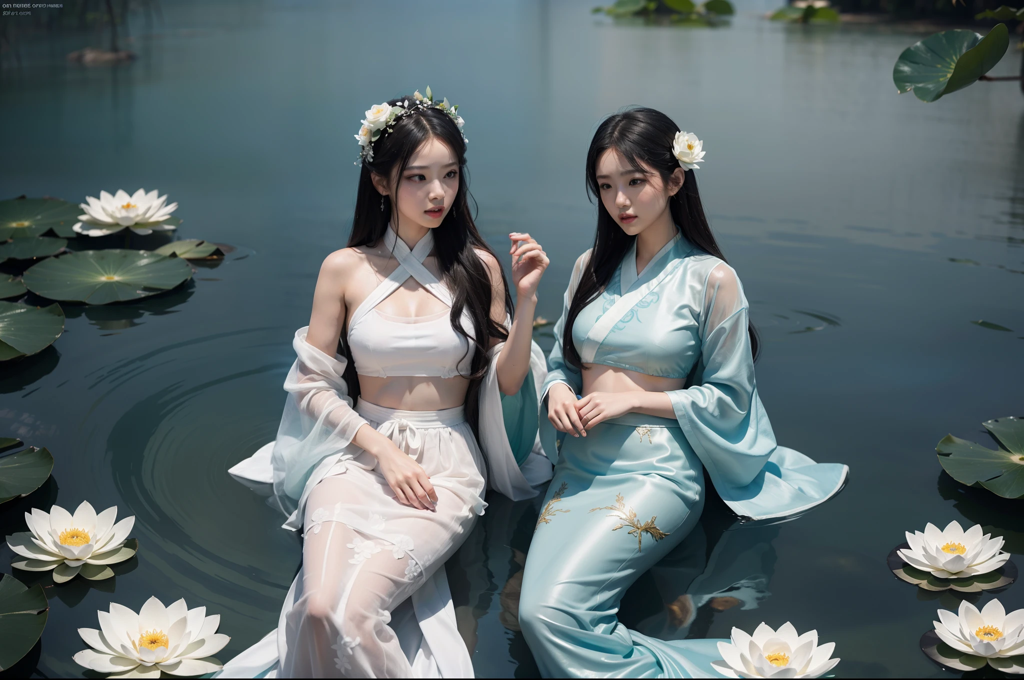 Two beauties digitally painted by mermaids, highly detailed film water and ocean palette, dressed without revealing their bodies, one wearing a white Hanfu long skirt, the other wearing a green Hanfu long skirt, they swim on the water of West Lake, white giant lotus flowers, delicate facial details, spotlights, perfect composition, surreal, hyper-detailed, 8k, high quality, clear focus, intricate details, highly detailed, dynamic lighting, detailed and complex environments,