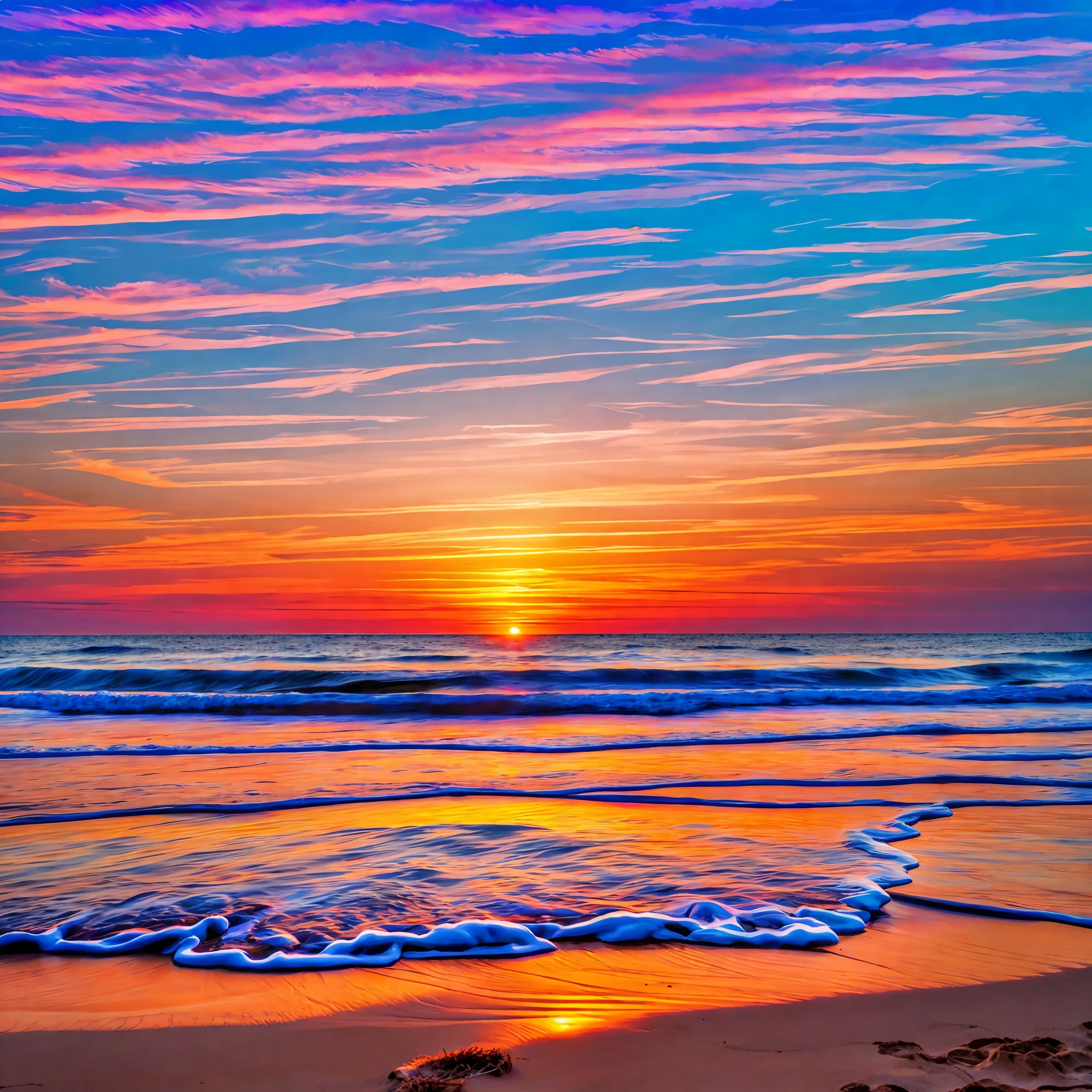 "Visualize a sunset on a deserted beach, with gentle waves crashing at the shore. What colors and textures would you use to create an ultra-realistic image?" --auto --s2