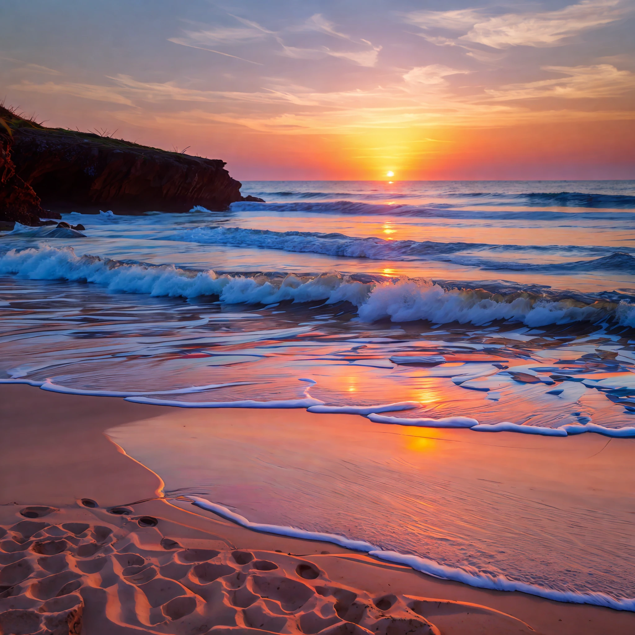"Visualize a sunset on a deserted beach, with gentle waves crashing at the shore. What colors and textures would you use to create an ultra-realistic image?" --auto --s2
