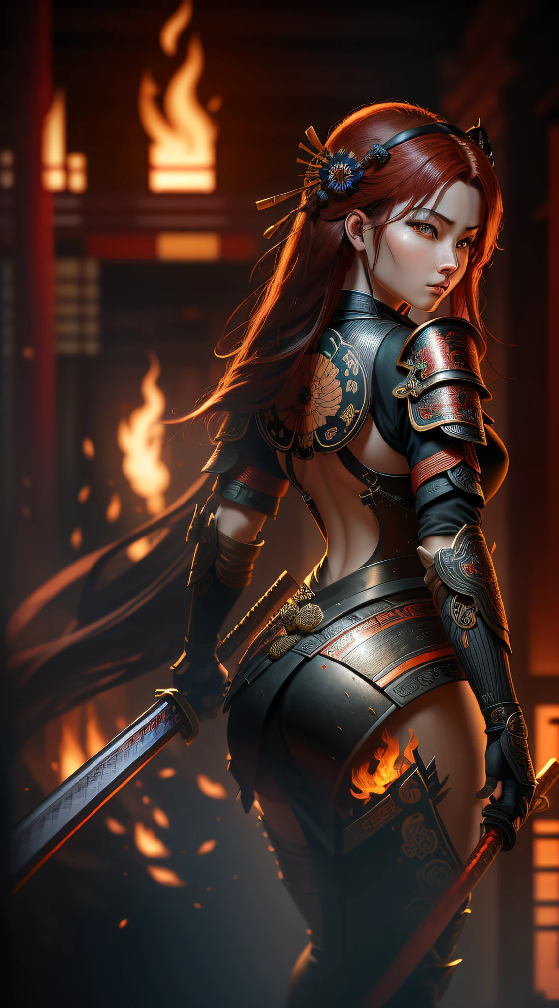 A full-bodied woman in black ancient samurai armor, her red hair cascading down her back, her brown eyes piercing through the darkness, her perfect mouth set in a determined expression, her vivid eyes with a circular iris, her hands gripping a fire katana sword, her perfect hands ready to strike. Against a backdrop of an ancient Chinese village in flames., interior architecture, Art Deco, modern, ray tracing, cinematic lighting, Futurism, modern, Realism, super detail, best quality, highres, 8k, 16k, best quality