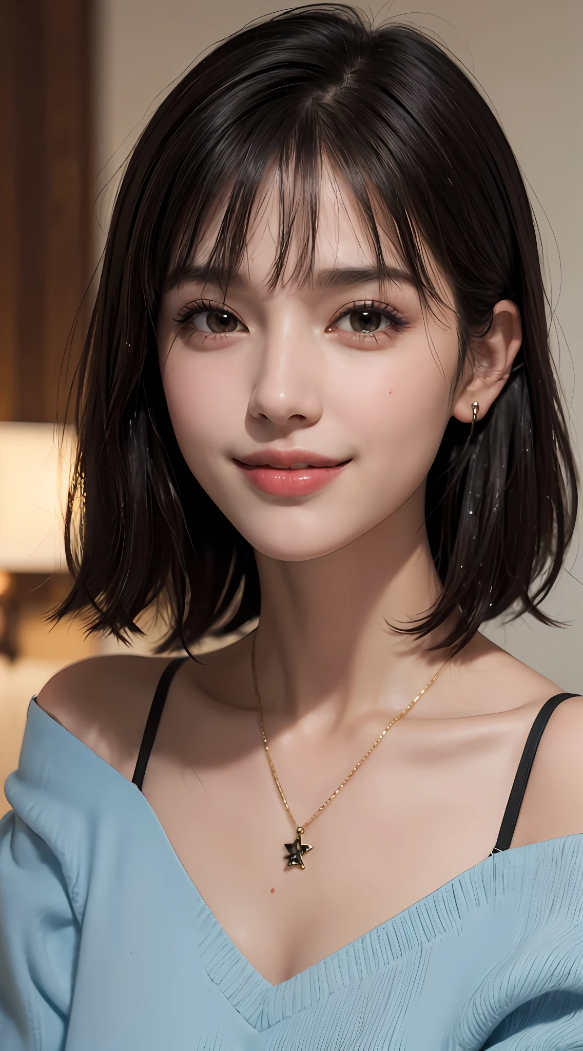 (top quality, 8k, masterpiece: 1.3), pretty woman with perfect figure: 1.4, dark brown hair, big, wearing pendants, torn shorts, sleeping in bedroom, very detailed face and skin, detailed eyes, double eyelids, top quality, masterpiece, (photorealistic: 1.4), one woman, golden ratio, high angle shot, upper eye care, low angle shot, perfect face, beautiful figure, cute face, face close-up, zoom in on face, short bob, short hair, smile from different angles, smile, gloss, highlight, gloss, glossy on skin, glossy on skin, wet skin, wet, bangs, cute smile, bust, off-shoulder, refreshing charm, elegant, perfect hands, smile from angle, smile, shiny, highlight, glossy skin, bangs, bust, big, Warm off-shoulder, refreshing charm, ears out, gaze to the camera, poses at different angles