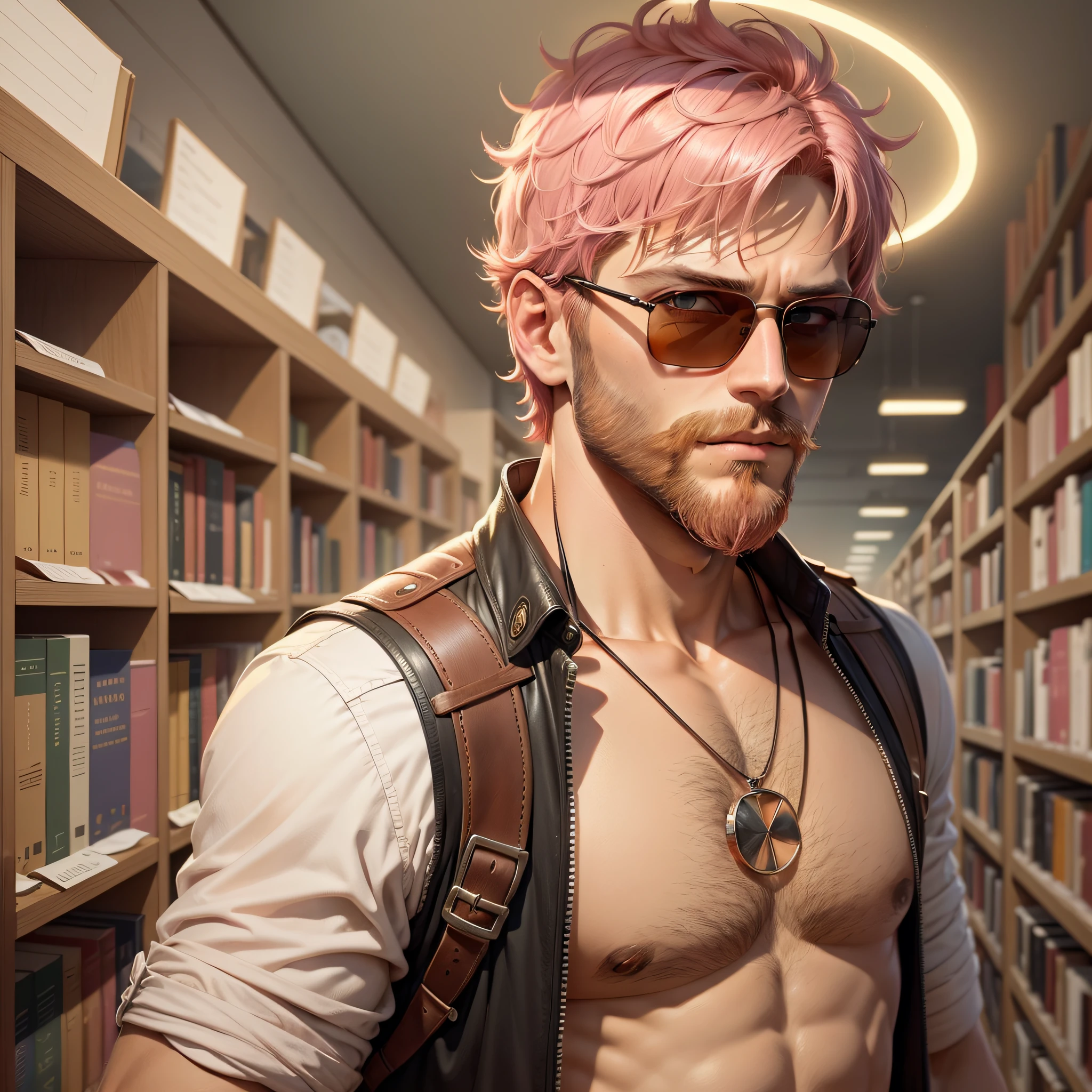 A man, short pink hair, short beard, has orange eyes, wears sunglasses, is in a library, has an angel halo, is in social clothing in earthy tones, realistic drawing style, face focus