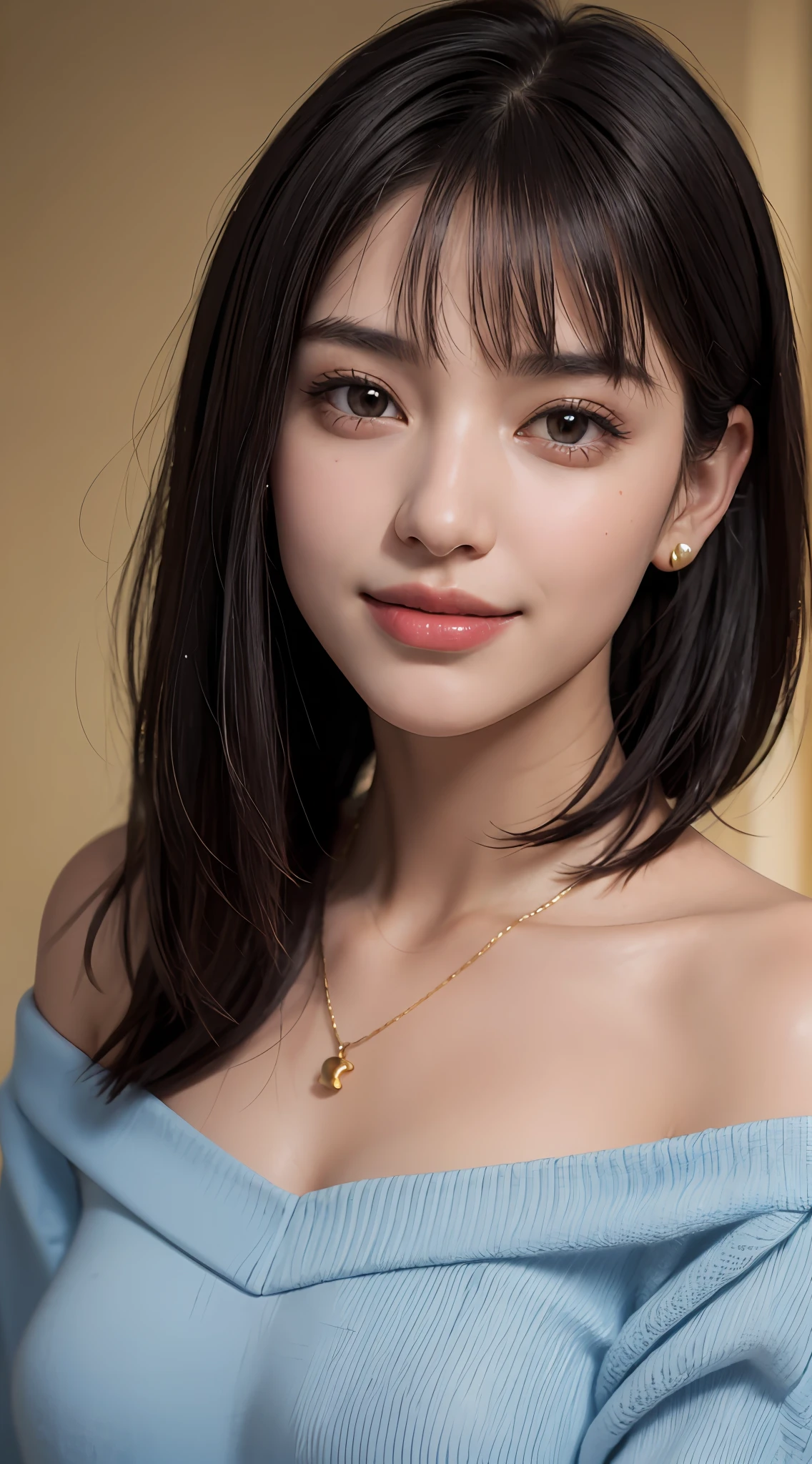 (top quality, 8k, masterpiece: 1.3), pretty woman with perfect figure: 1.4, dark brown hair, big, wearing pendants, torn shorts, sleeping in bedroom, very detailed face and skin, detailed eyes, double eyelids, top quality, masterpiece, (photorealistic: 1.4), one woman, golden ratio, high angle shot, upper eye care, low angle shot, perfect face, beautiful figure, cute face, face close-up, zoom in on face, short bob, short hair, smile from different angles, smile, gloss, highlight, gloss, glossy on skin, glossy on skin, wet skin, wet, bangs, cute smile, bust, off-shoulder, refreshing charm, elegant, perfect hands, smile from angle, smile, shiny, highlight, glossy skin, bangs, bust, big, Warm off-shoulder, refreshing charm, ears out, gaze to the camera, poses at different angles