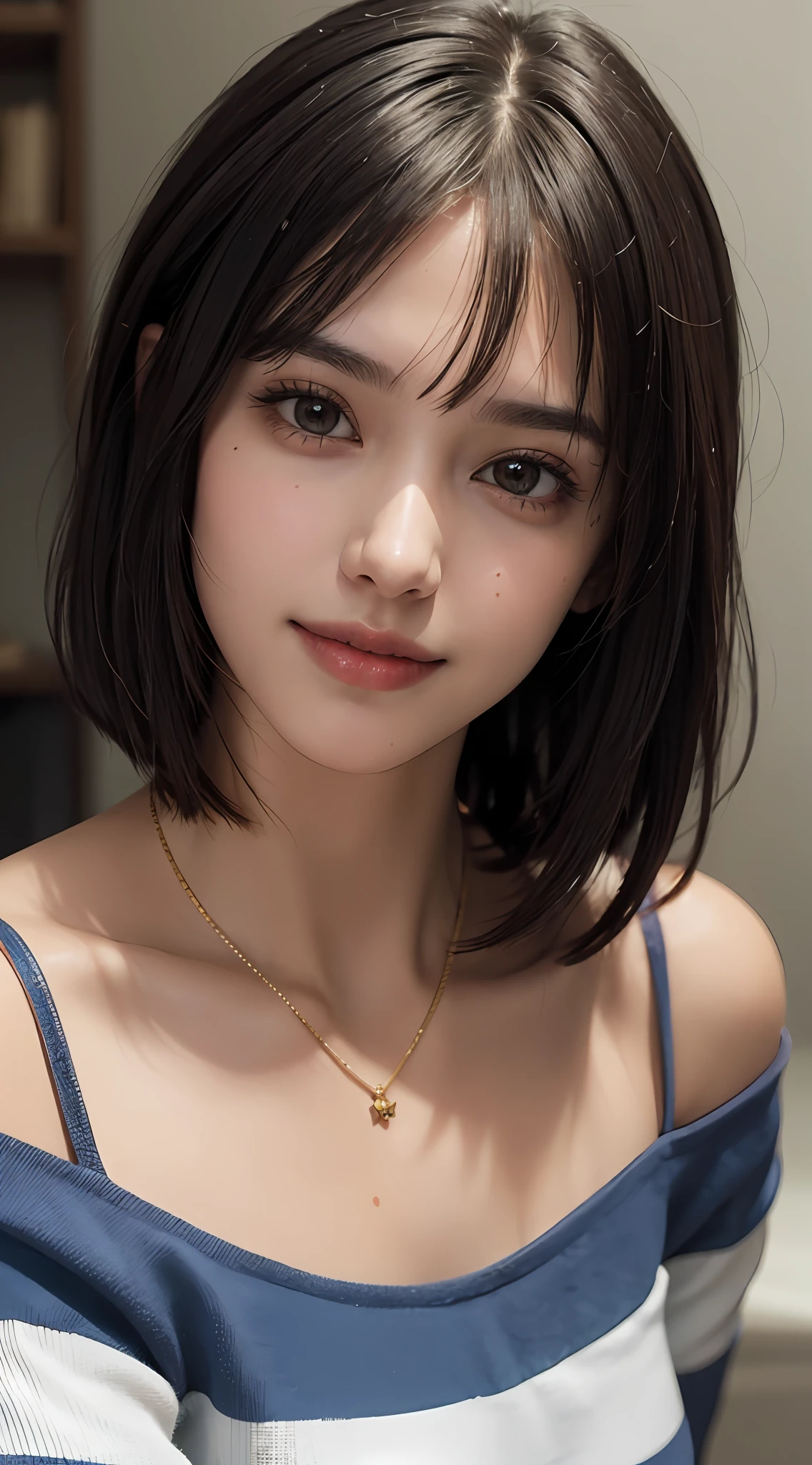 (top quality, 8k, masterpiece: 1.3), pretty woman with perfect figure: 1.4, dark brown hair, big, wearing pendants, torn shorts, sleeping in bedroom, very detailed face and skin, detailed eyes, double eyelids, top quality, masterpiece, (photorealistic: 1.4), one woman, golden ratio, high angle shot, upper eye care, low angle shot, perfect face, beautiful figure, cute face, face close-up, zoom in on face, short bob, short hair, smile from different angles, smile, gloss, highlight, gloss, glossy on skin, glossy on skin, wet skin, wet, bangs, cute smile, bust, off-shoulder, refreshing charm, elegant, perfect hands, smile from angle, smile, shiny, highlight, glossy skin, bangs, bust, big, Warm off-shoulder, refreshing charm, ears out, gaze to the camera, poses at different angles