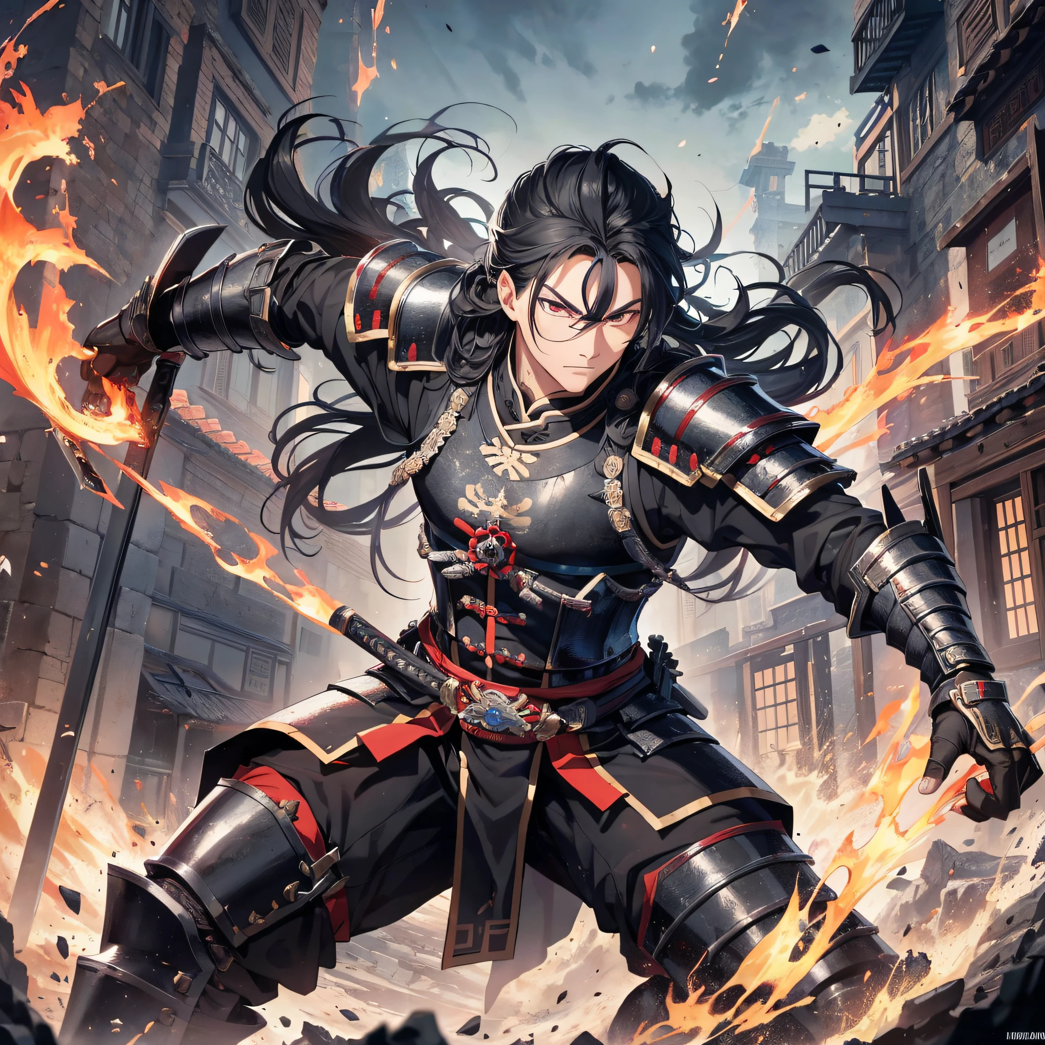 Absurd resolution, high resolution, (masterpiece: 1.4), hyperdetail, ancient Chinese, black long-haired young man (1.3), armored samurai in black armor, wielding sword, blood, fighting, standing on ancient city walls (1.3), dusk, fire
