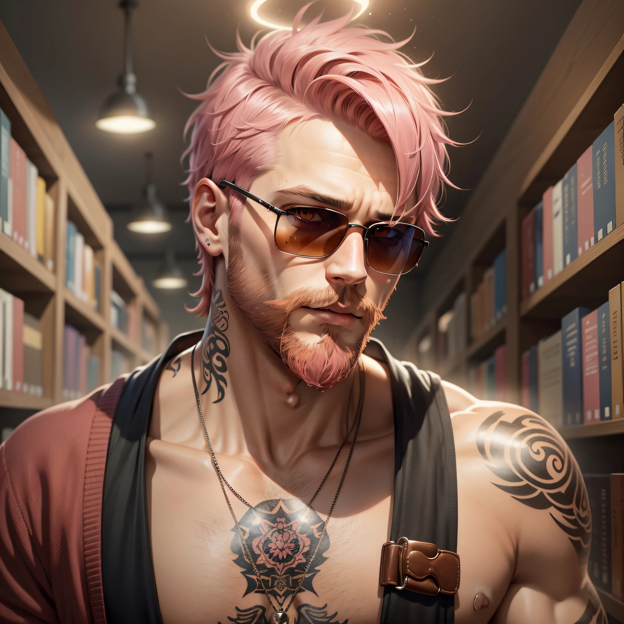 A man, short pink hair, short beard, has orange eyes, wears sunglasses, has tattoos on his neck, is in a library, has an angel halo, is in social clothing in earthy tones, realistic drawing style