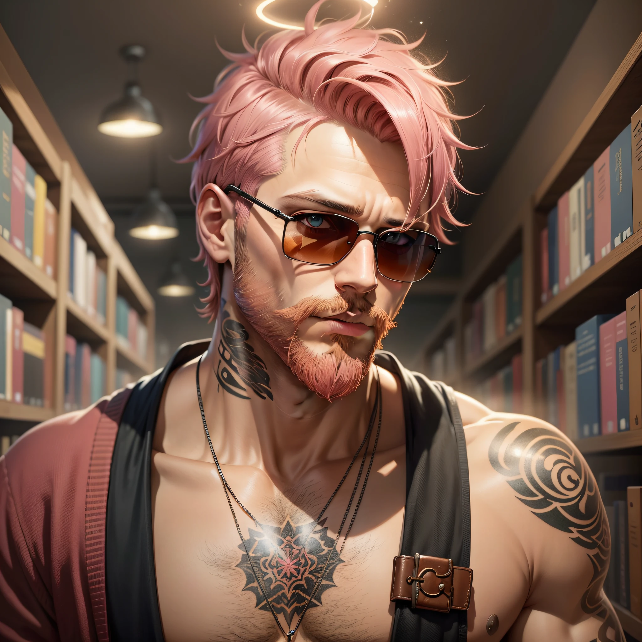 A man, short pink hair, short beard, has orange eyes, wears sunglasses, has tattoos on his neck, is in a library, has an angel halo, is in social clothing in earthy tones, realistic drawing style