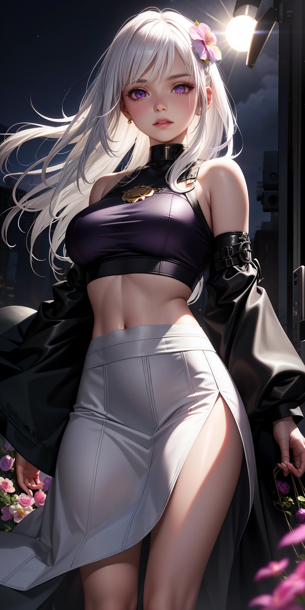 realistic, 1girl, white hair, purple eyes, glowing eyes, crop top, skirt, parted lips, blush, night, flowers, sun, sunlight,