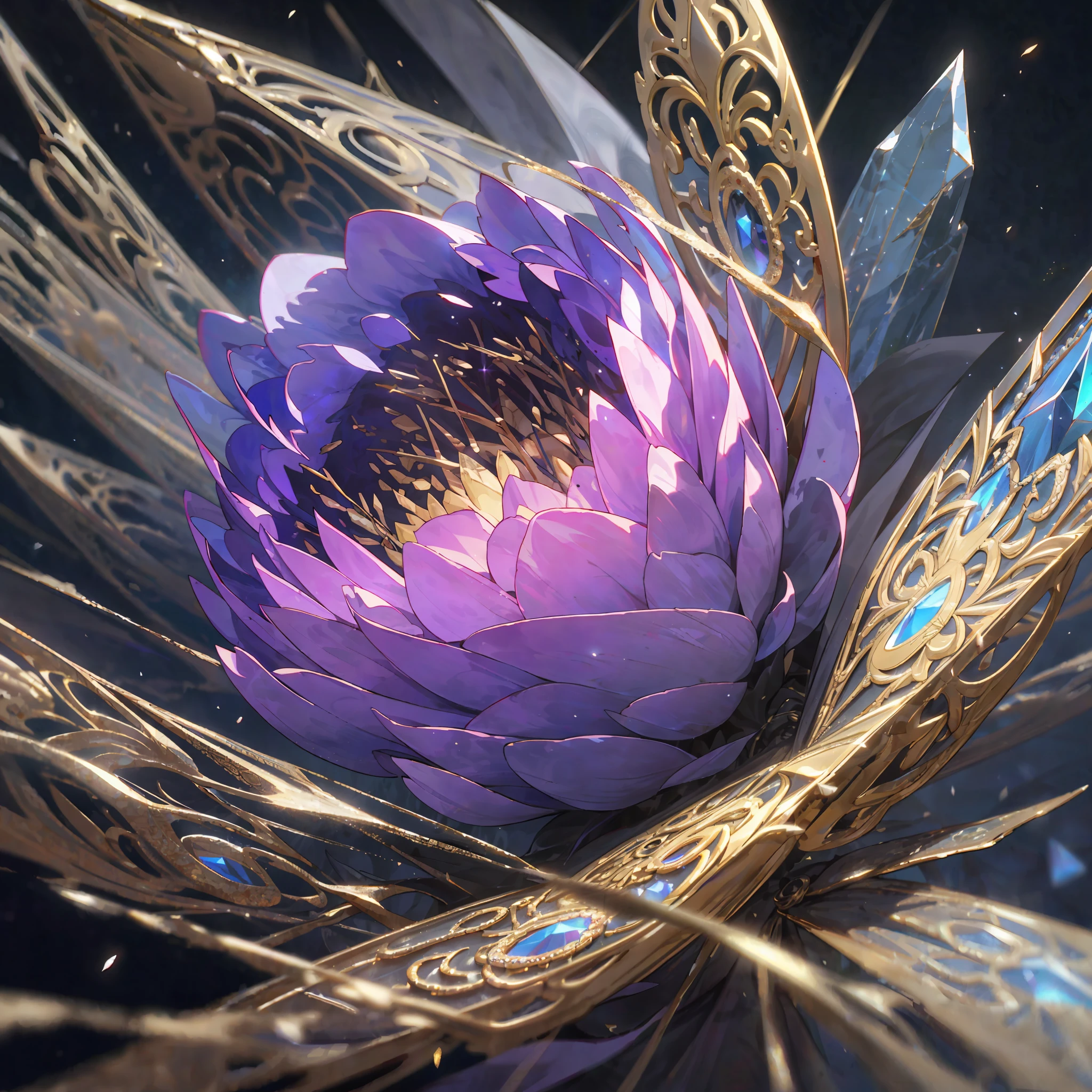 macro, a glorious void-infused black peony, frozen, frost coating, beads of condensation, crystal and sparks in the air, gilded, backdrop volumetric void-light, sublime, delicate, beautiful, intricate details, highly detailed, high-res, vivid color grading, composite lighting, dynamic composition, well drawn, crisp, sharp focus, glamour shot, realistic
