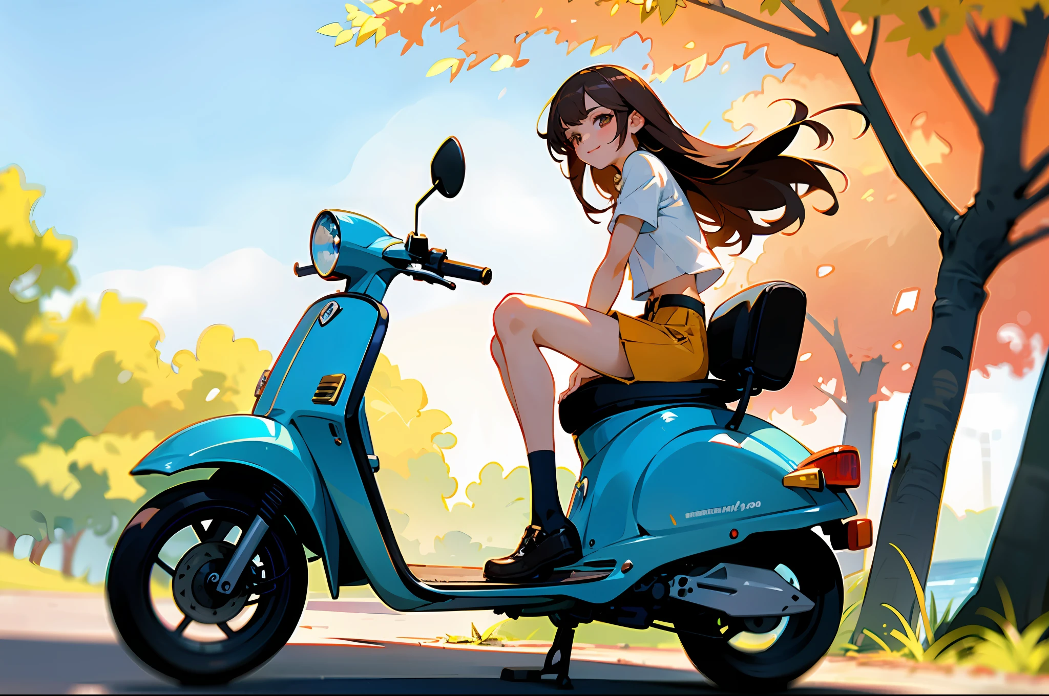 (masterpiece, top quality: 1.2), super detailed, cinematic lighting, HDR, beautiful girl straddling a scooter, looking at camera with one foot on the road surface, vespa, brown long hair, from the front, sun, clouds, sunlight through trees, contrails, rays, sea, slim body, hot pants, white blouse, beautiful smile, beautiful girl with whole body, clean detailed face, complex clothes, shining shadows, Beautiful gradient, depth of field, pretty image, high quality, high resolution, high resolution, cute face, slim body, nice hips, southern European town,