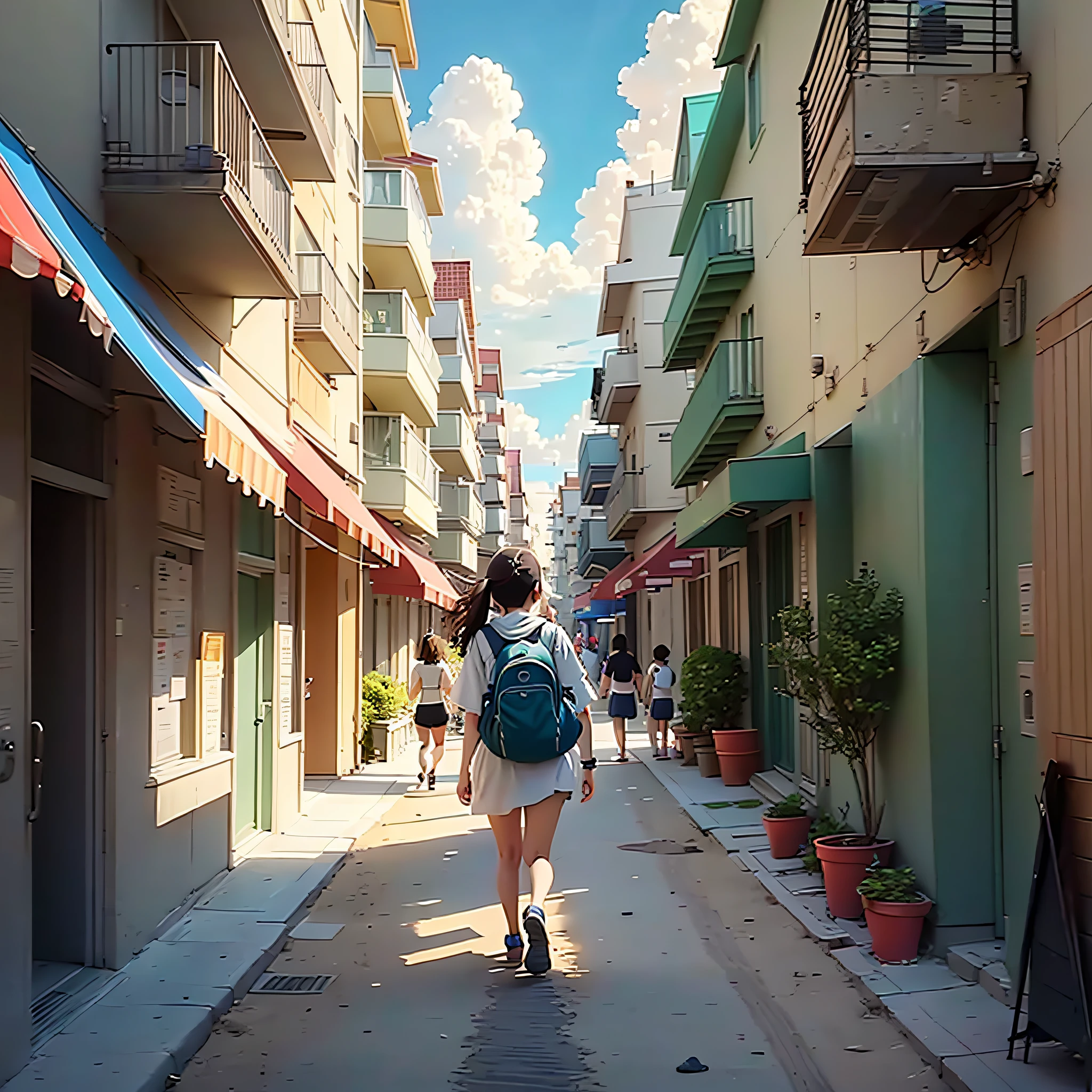 A girl walking along a beach on a sunny day; To his right, people swimming in the sea. On the left, people walking on the sidewalk, in front of buildings. In the sand, people walking, playing, running. Studio Ghibli style --auto --s2