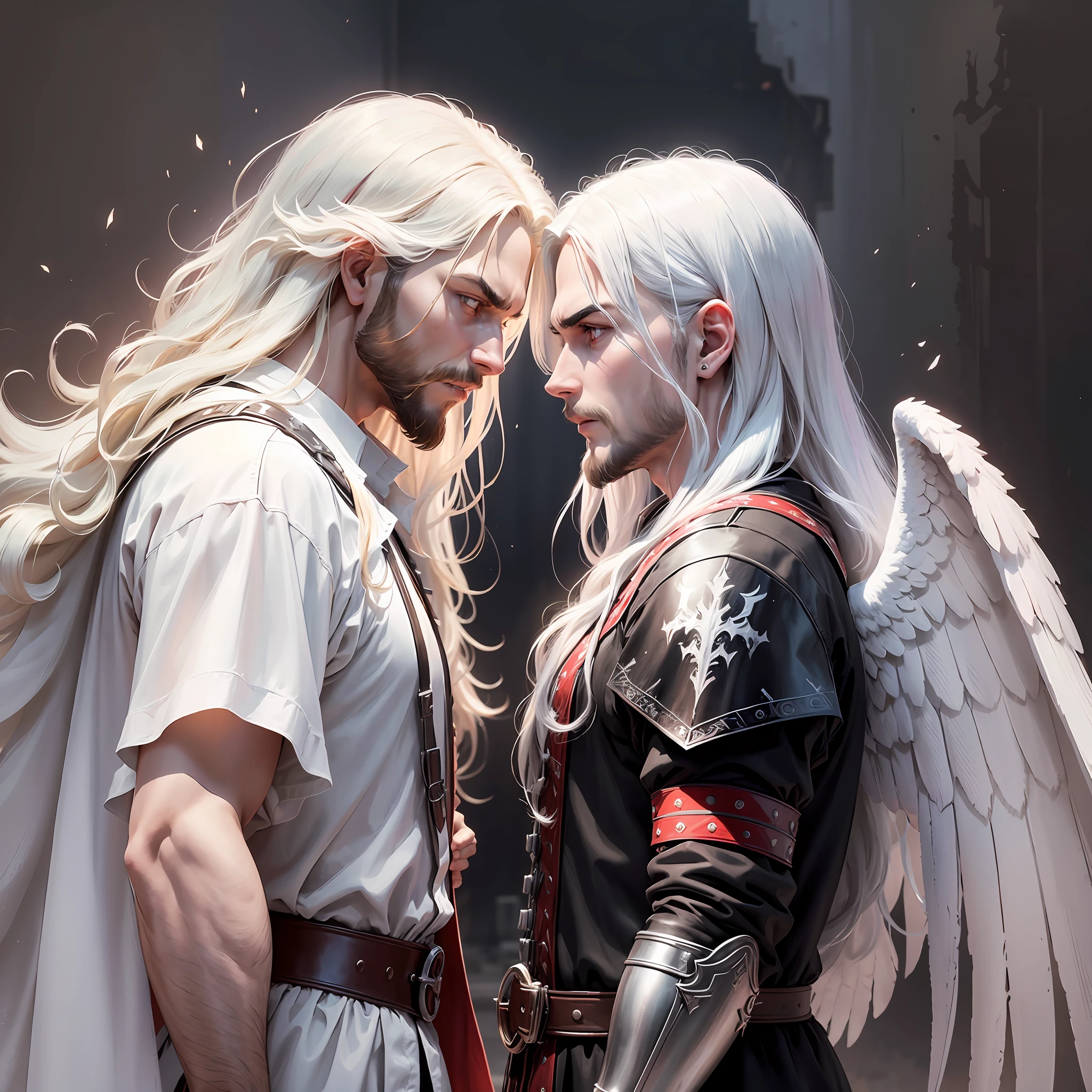 An image with the background totally white without any detail, with jesus on the right side (jesus is wearing a white robe with a red stripe, he is young and strong, he has a beard and long hair) and the devil on the left side( the devil has the appearance of a fallen angel, he is wearing black armor and his wings are made of black metal, he has an evil look), the two are staring at each other about to fight, image in the realistic anime style --auto --s2