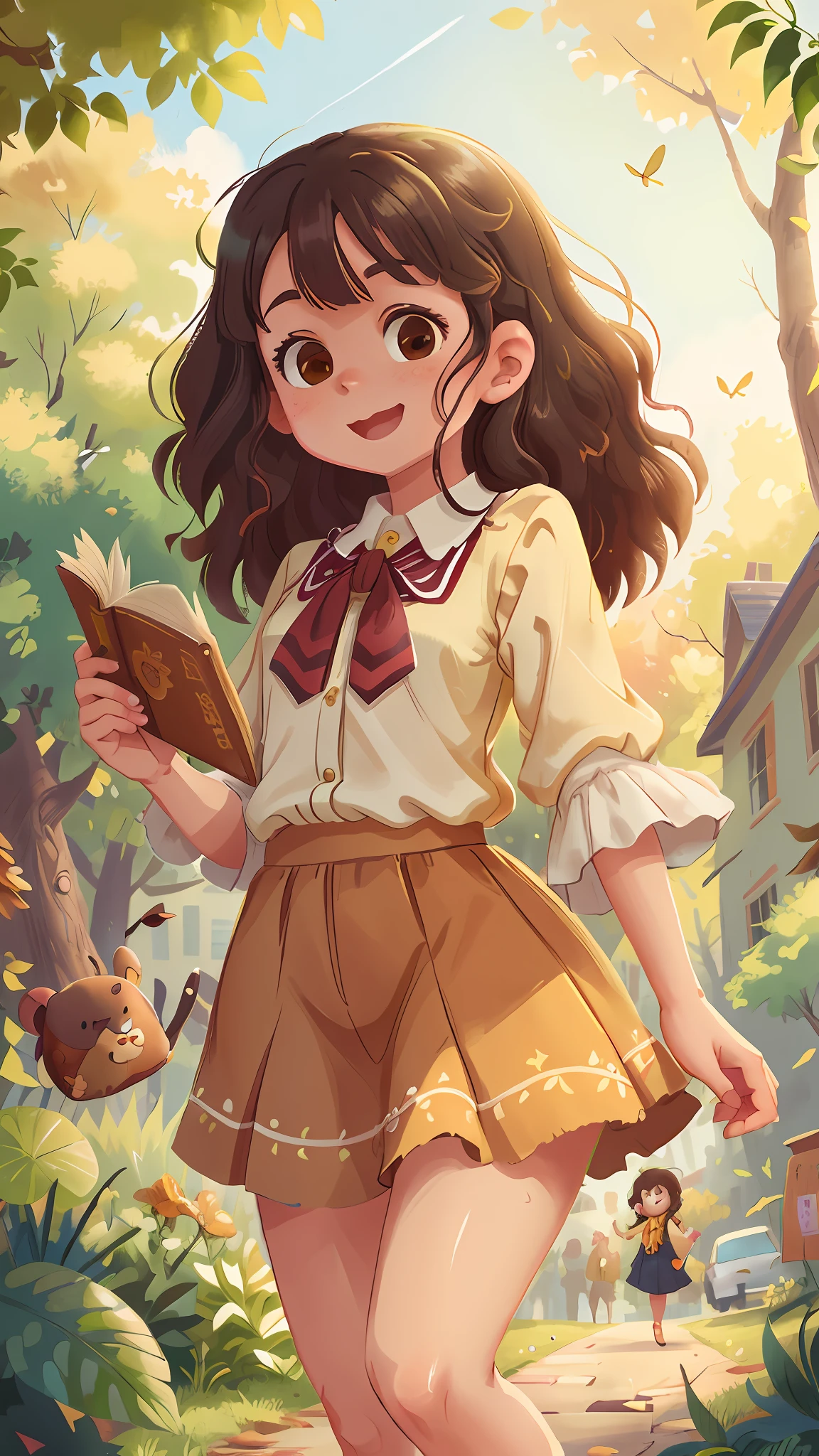 young woman, dark curly hair, mellow green eyes, cream blouse and dark skirt, holding books, walking, autumn park, golden hour, cinematic angle, happy, gentle smile, perfect quality, clear focus (clutter - home: 0.8), (masterpiece: 1.2) (Realistic: 1.2) (Bokeh) (Best quality) (Detailed skin: 1.3) (Intricate details) (high contrast) (hard light) (8K) (Detail Eyes) (Sharp Focus), (Happy)