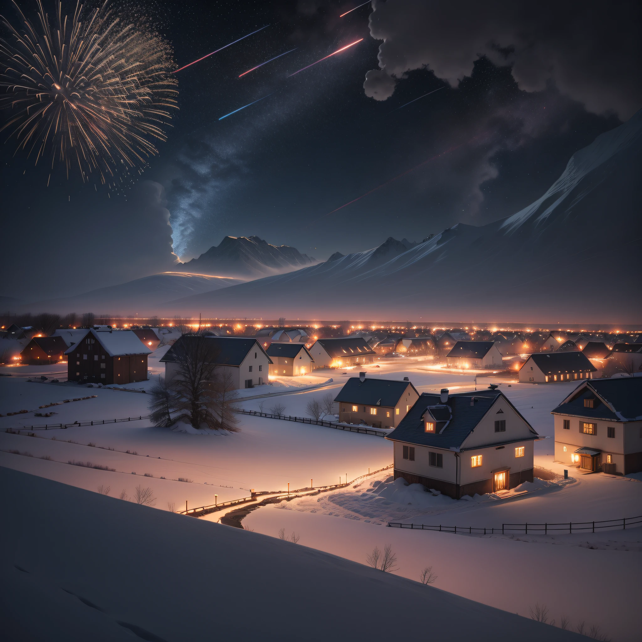 An expanse of white snow, Lights in the distance, Ancient village, Pyrotechnics, Sky fireworks, Light snow, Hazy, film, Ultra HD, Aperture f1.8, 8k