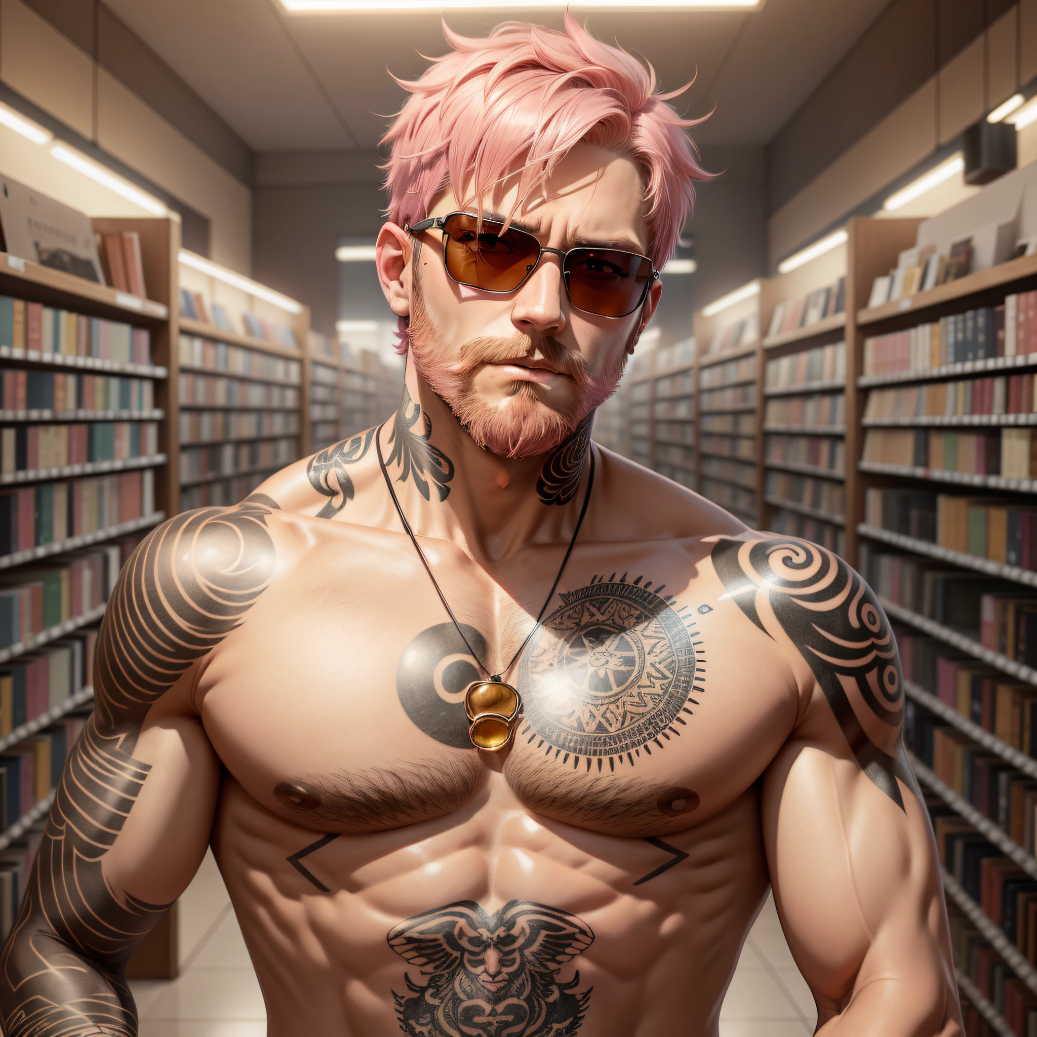 A man, short pink hair, short beard, has orange eyes, wears sunglasses, has tattoos on his neck, is in a library, has an angel halo, is in social clothing in earthy tones, realistic drawing style