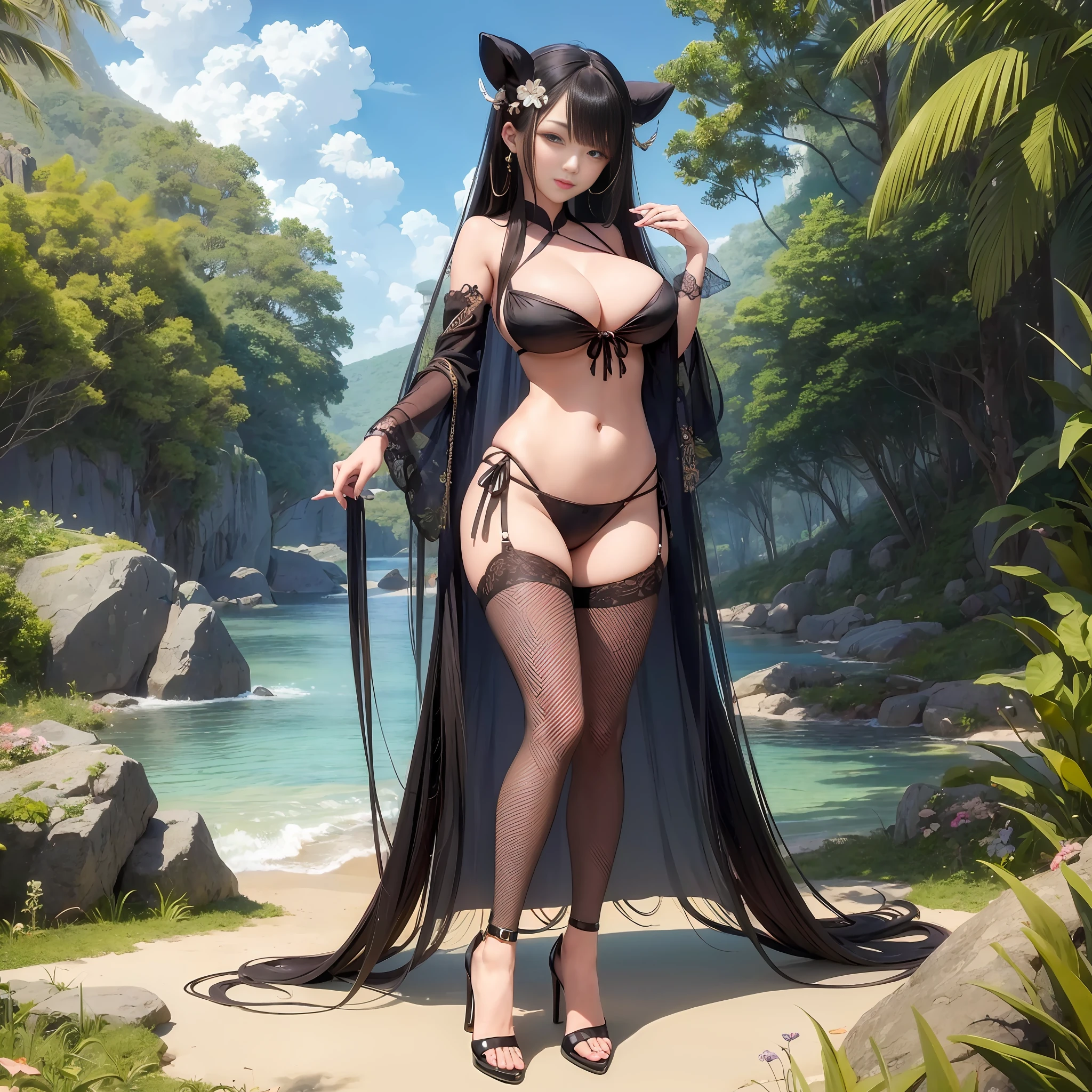 Two good-looking sexy asian beauties wearing three-point long hair, tongue out, big breasts, hands covering chest, seductive pose, full body, standing, long legs, high heels, beach --auto --s2